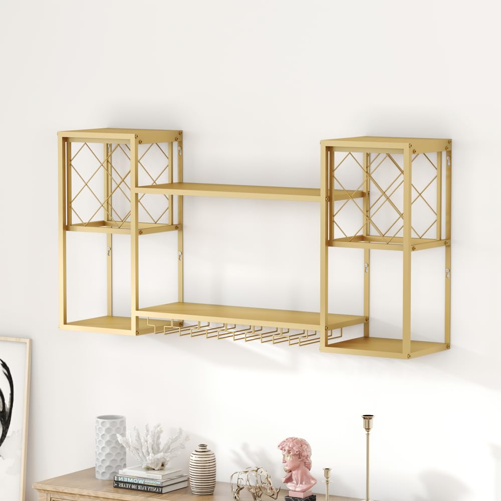 2-Tier Metal Wall Mounted Wine Rack with Glass Holder - Floating Bar Shelves for Liquor Bottle Display - Gold Home Bar & Kitchen Decor for Dining Room | Perfect for Small Spaces & Entertaining Guests