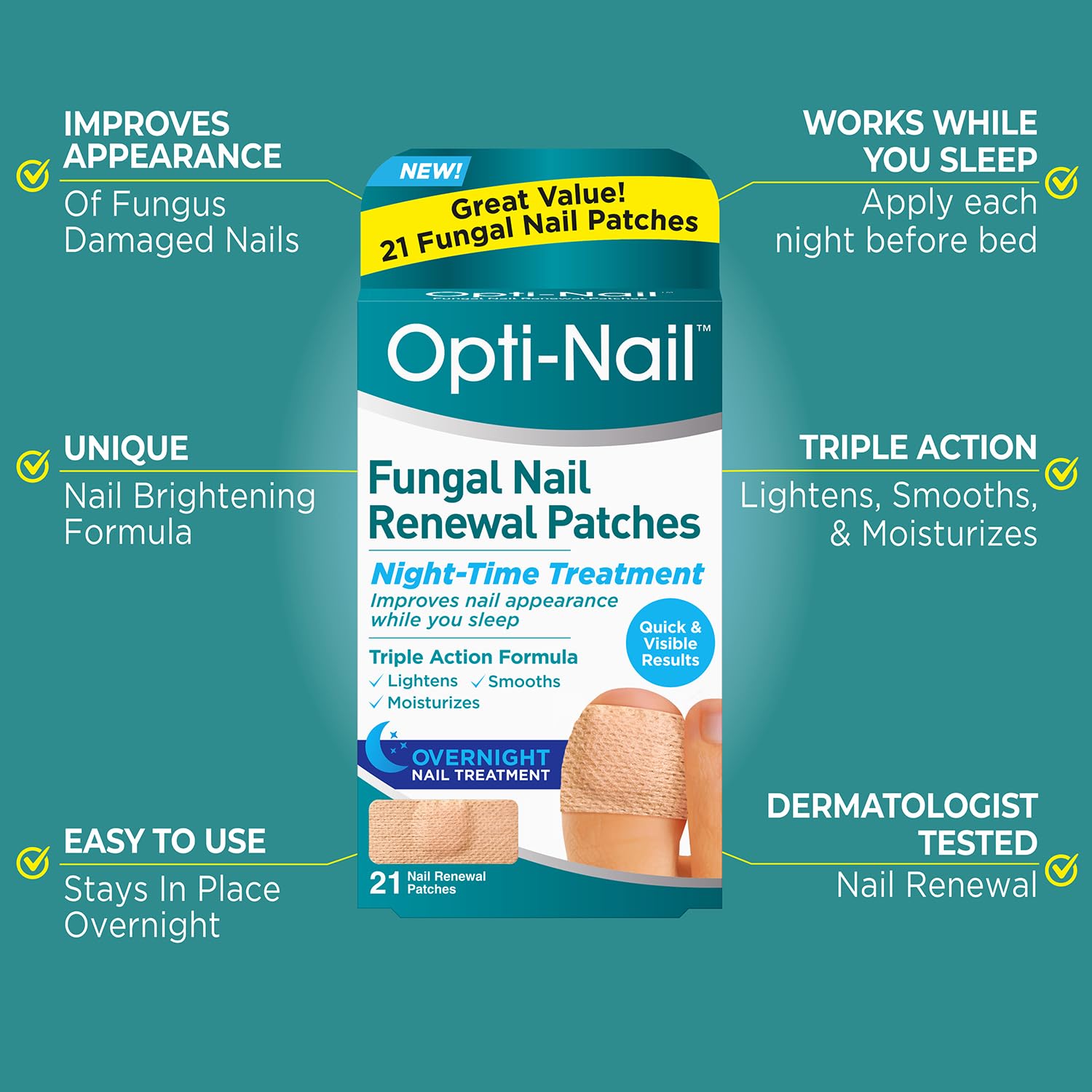 Opti-Nail Fungal Nail Renewal Treatment Patches - Overnight Nail Repair for Toenails & Fingernails - Improves Nail Health & Appearance While You Sleep - 21 Medicated Patches - Perfect for Athletes, Swimmers & Active Lifestyles