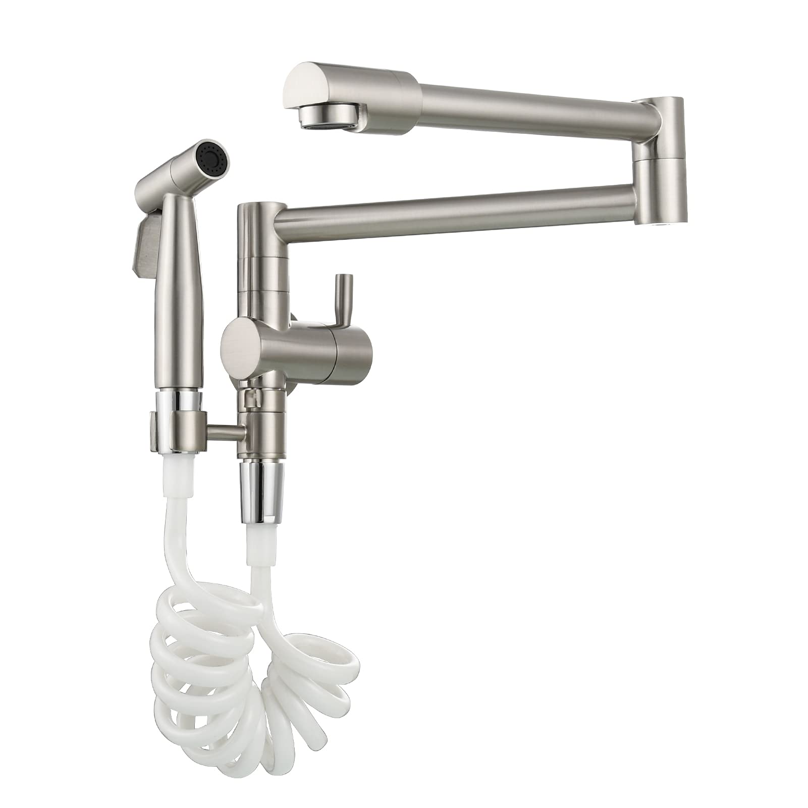 Brass Wall Mount Pot Filler Faucet - Single Hole Folding Stretchable Kitchen Sink Faucet with Sprayer in Brushed Nickel (CT169NA) - Perfect for Cooking, Filling Large Pots & Easy Kitchen Cleanup