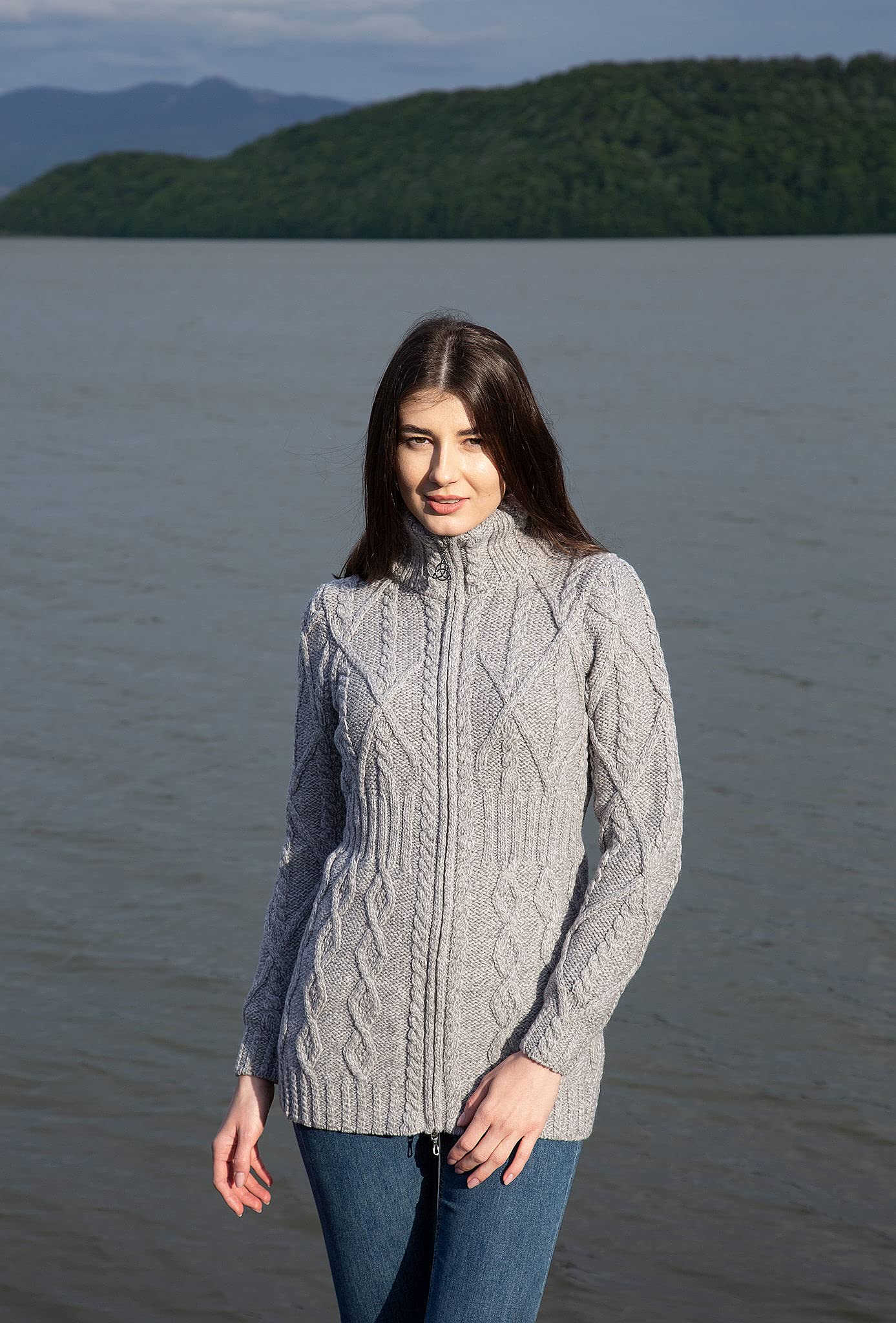 SAOL - 100% Merino Wool Women's Cable Knit Cardigan Full Zip Sweater | Warm Winter Coat for Women | Perfect for Outdoor Activities, Office Wear & Casual Outfits