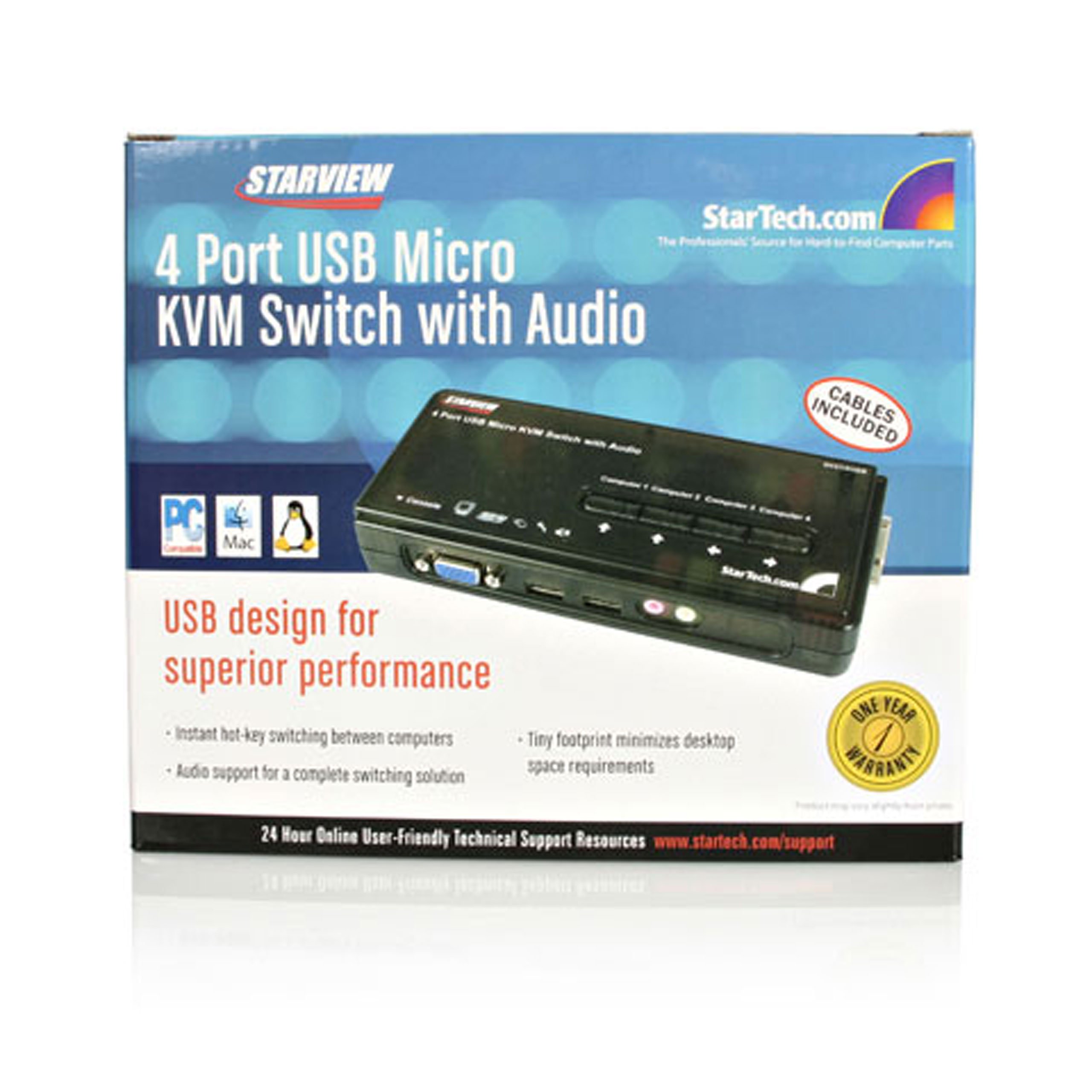 StarTech.com 4 Port USB KVM Switch with Cables & Audio - Desktop KVM Switch for PC & Mac - VGA/USB KVM Switch for Multi-Computer Control - Ideal for Home Office & IT Workstations (SV411KUSB)