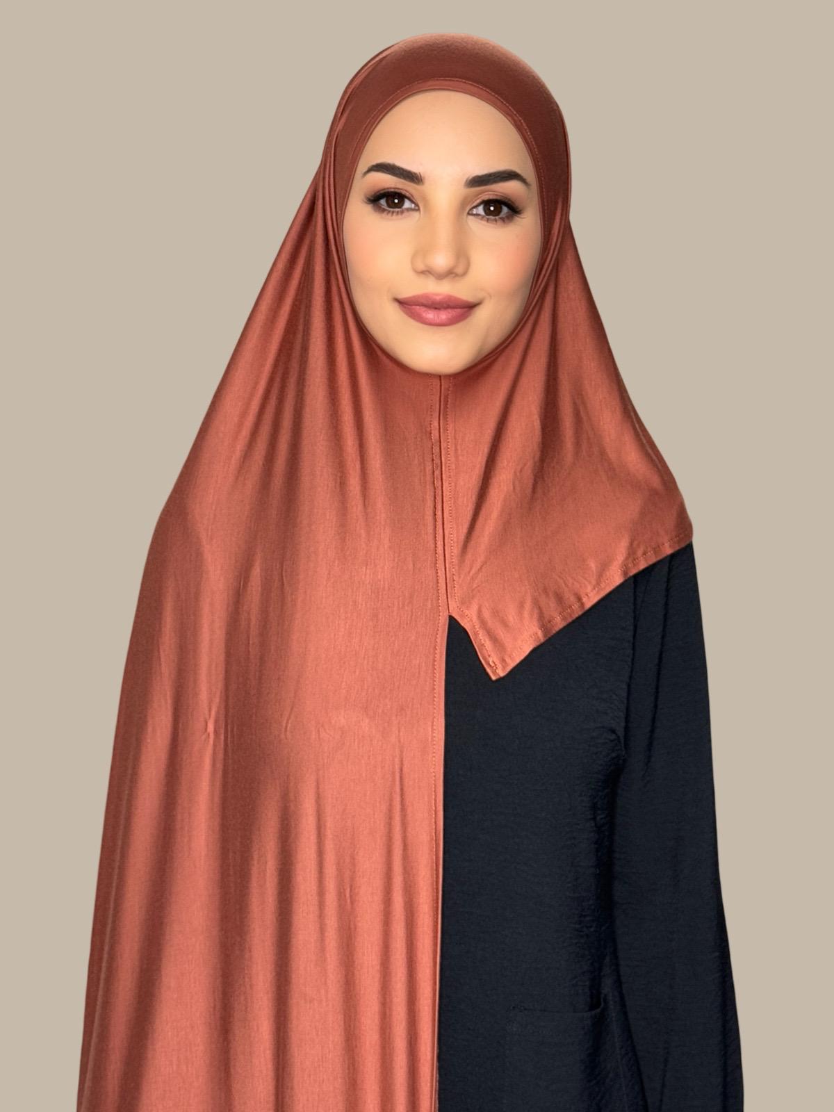 Pre-Sewn Jersey Hijab in Brick Red - Soft & Comfortable Muslim Headscarf for Daily Wear, Work, and Prayer
