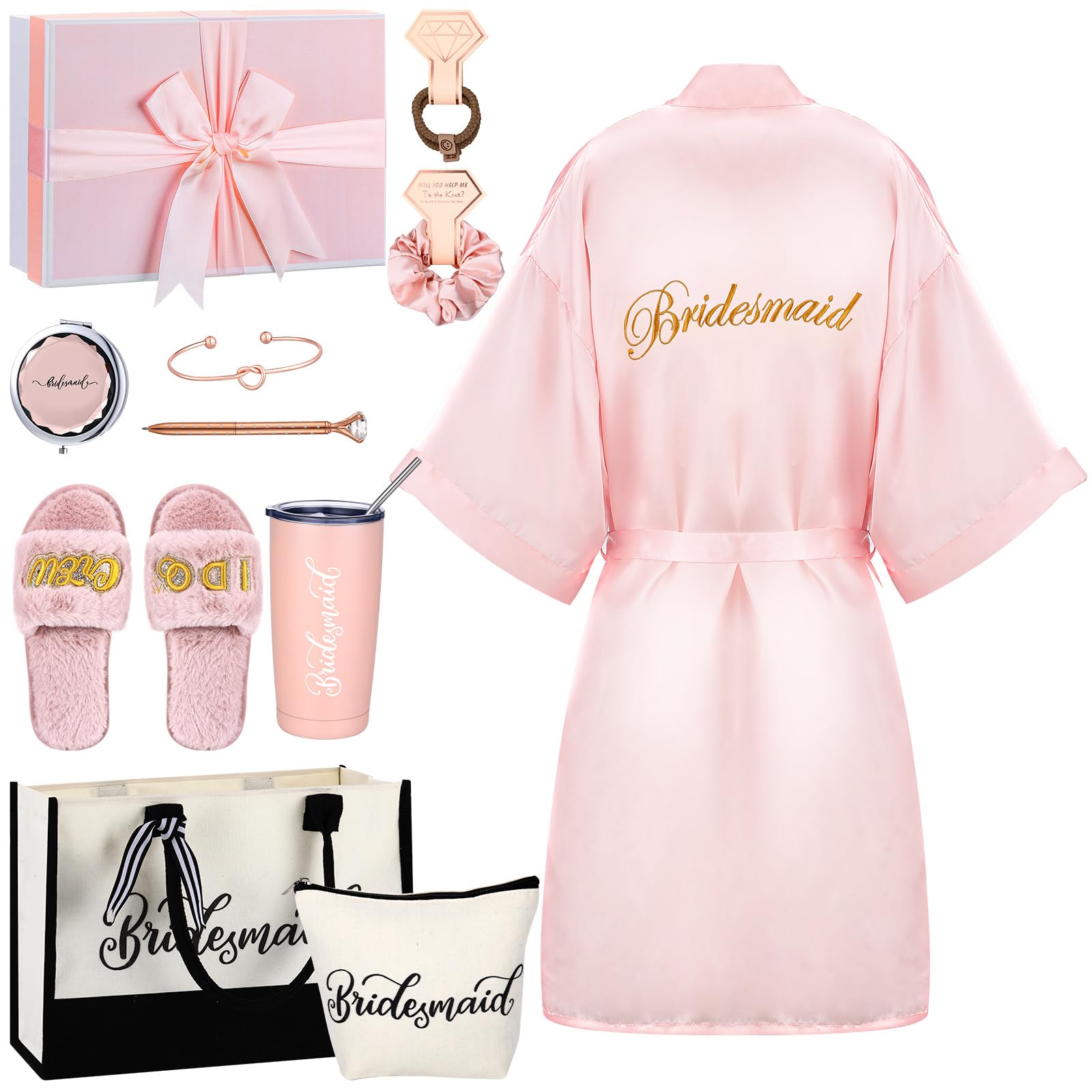 14 Pcs Bridal Party Gift Box Set - Satin Robe, Canvas Tote Bag, Stainless Steel Glasses & Slippers - Perfect Wedding Party Favors, Bachelorette Gifts & Bridesmaid Proposal Ideas