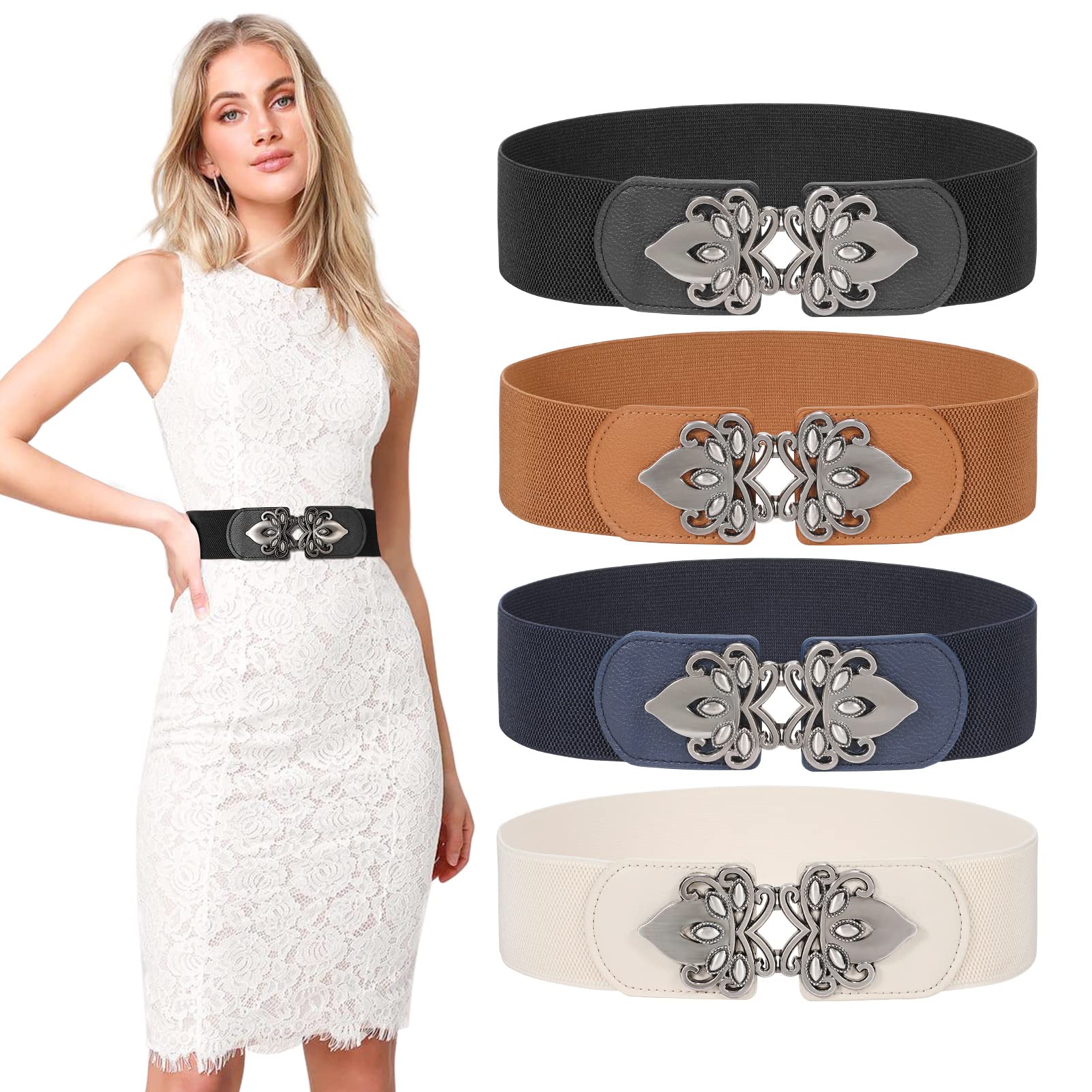 LEACOOLKEY Women's Wide Stretch Elastic Waist Belt - Adjustable Vintage Cinch Belt for Dresses, Skirts & High Waisted Pants | Perfect for Casual, Office & Special Occasions