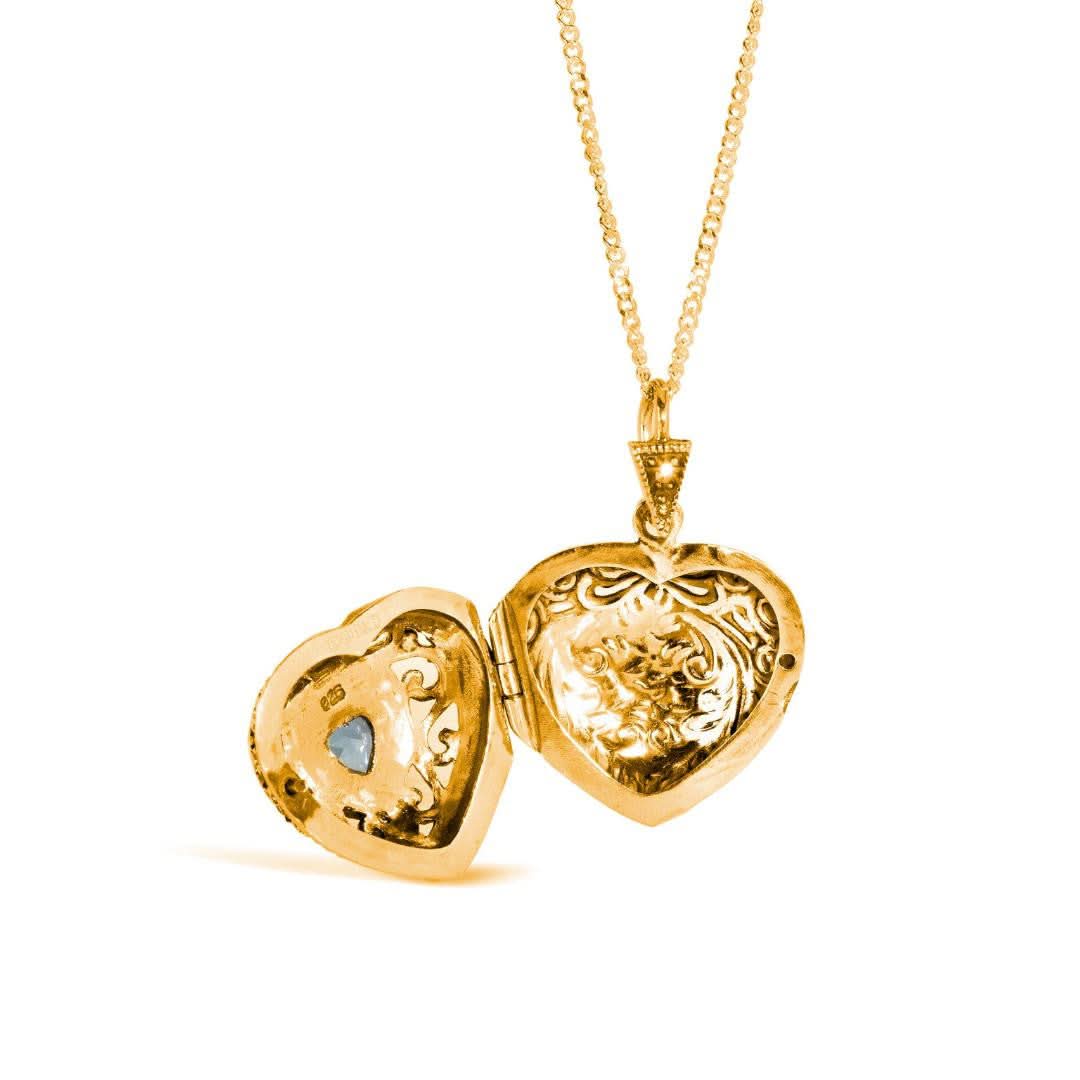 Vintage Blue Topaz Heart Locket Necklace in Gold - Perfect for Valentine's Day Gifts, Anniversary Presents & Romantic Occasions