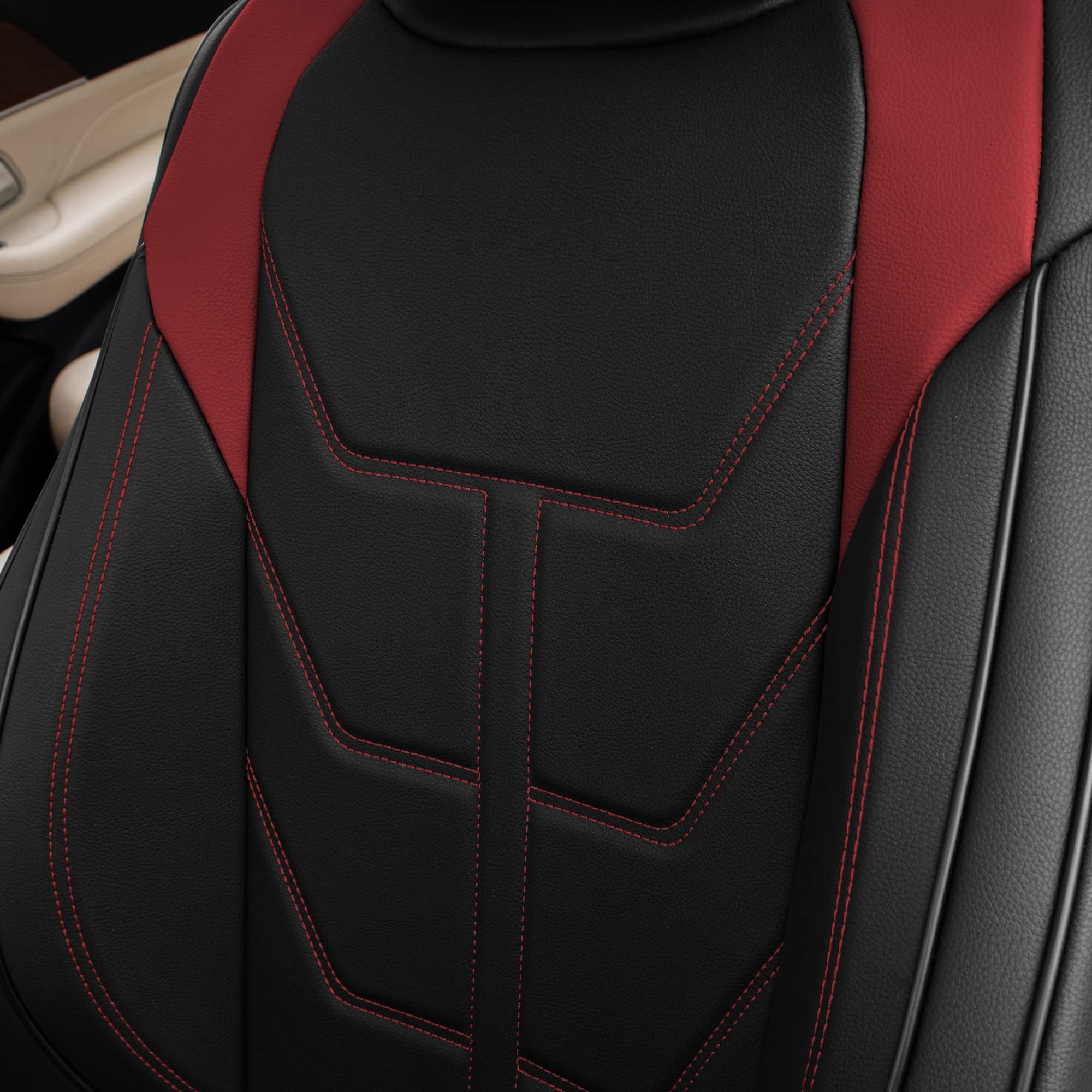 TLH Bionic70 Deluxe Faux Leather Burgundy Car Seat Covers (2-Pack) - Waterproof Universal Fit for Cars, Trucks & SUVs | Front Seat Protectors with Contrast Stitching | Perfect for Road Trips, Commuting & Pet Protection