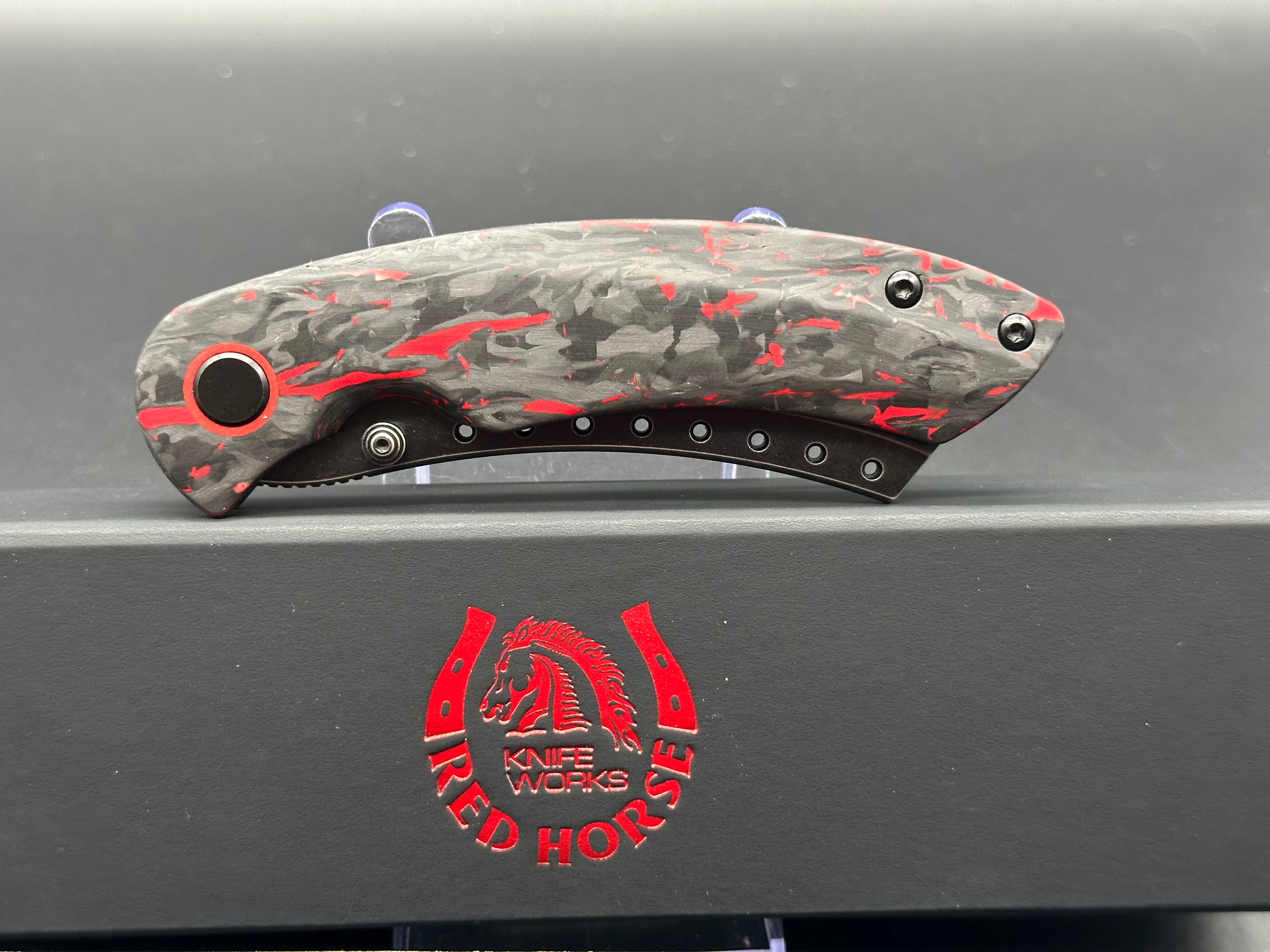 Premium Red Horse Hell Razor P Series Folding Knife - Black/Red Marbled Carbon Fiber Handle & Black Stonewash Blade - Ideal for Outdoor Camping, Hunting, and EDC Survival Gear