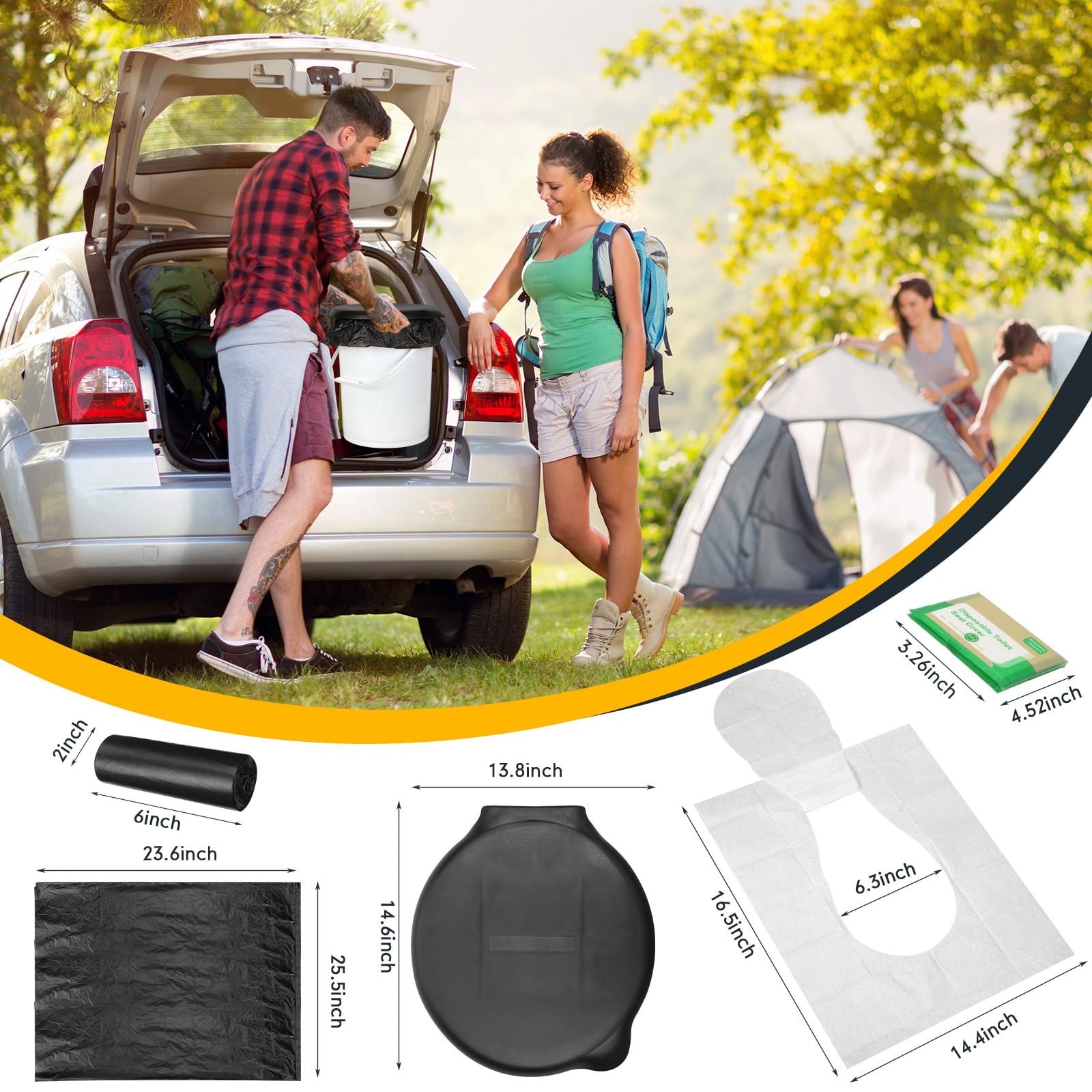 Glenmal 5 Gallon Bucket Toilet Seat with Lid - Portable Camping Toilet Kit Includes Disposable Liners & Paper Covers - Emergency Sanitation Solution for Camping, Hiking, Road Trips & Outdoor Adventures