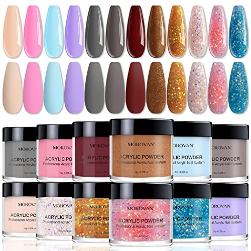 Morovan 12 Colors Acrylic Powder Set for Nail Art - Odor-Free, Bubble-Free Polymer Powder for Acrylic Nails Extension, No UV Lamp Needed - Perfect for Beginners & Professionals (Elegant Senior Collection) | DIY Manicure, Salon Quality Nail Enhancements at Home