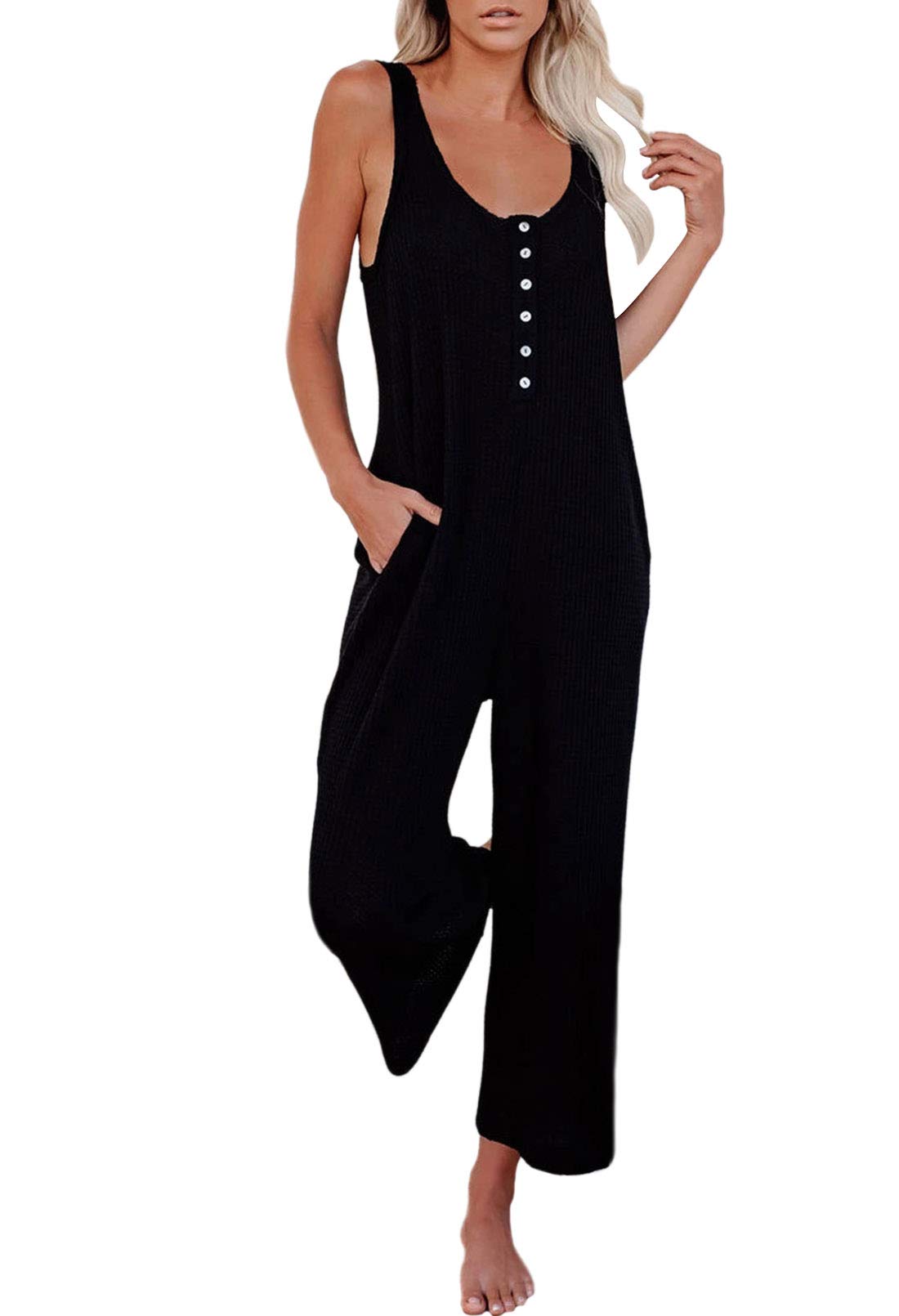 Linsery Women's Summer Waffle Tank Jumpsuit - Casual Loose Sleeveless Romper with Pockets - Solid Black (Size M) | Perfect for Beach, Vacation & Summer Outings