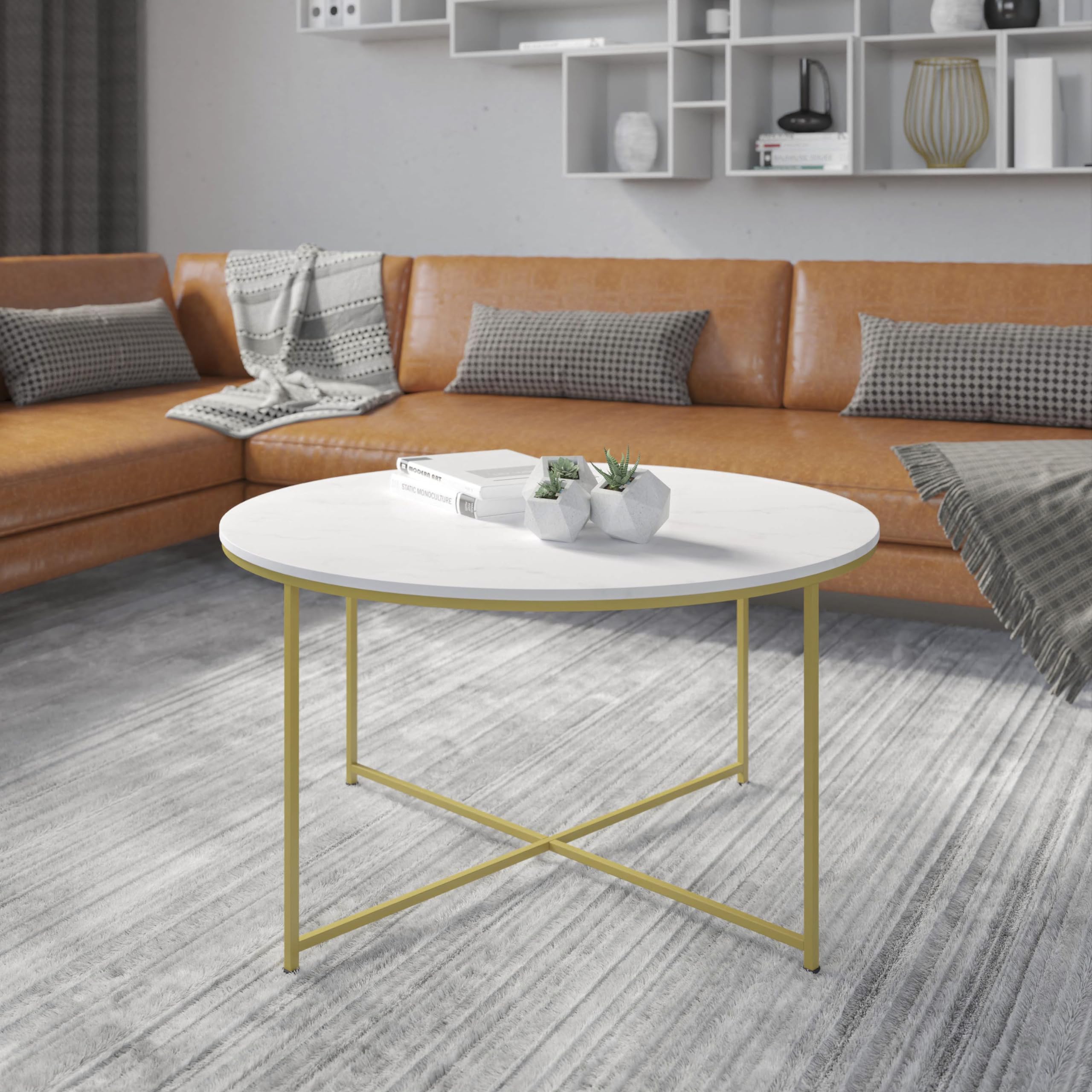 Hampstead Collection Modern White Marble Coffee Table with Crisscross Brushed Gold Frame - Elegant Living Room Furniture for Home Decor & Entertaining
