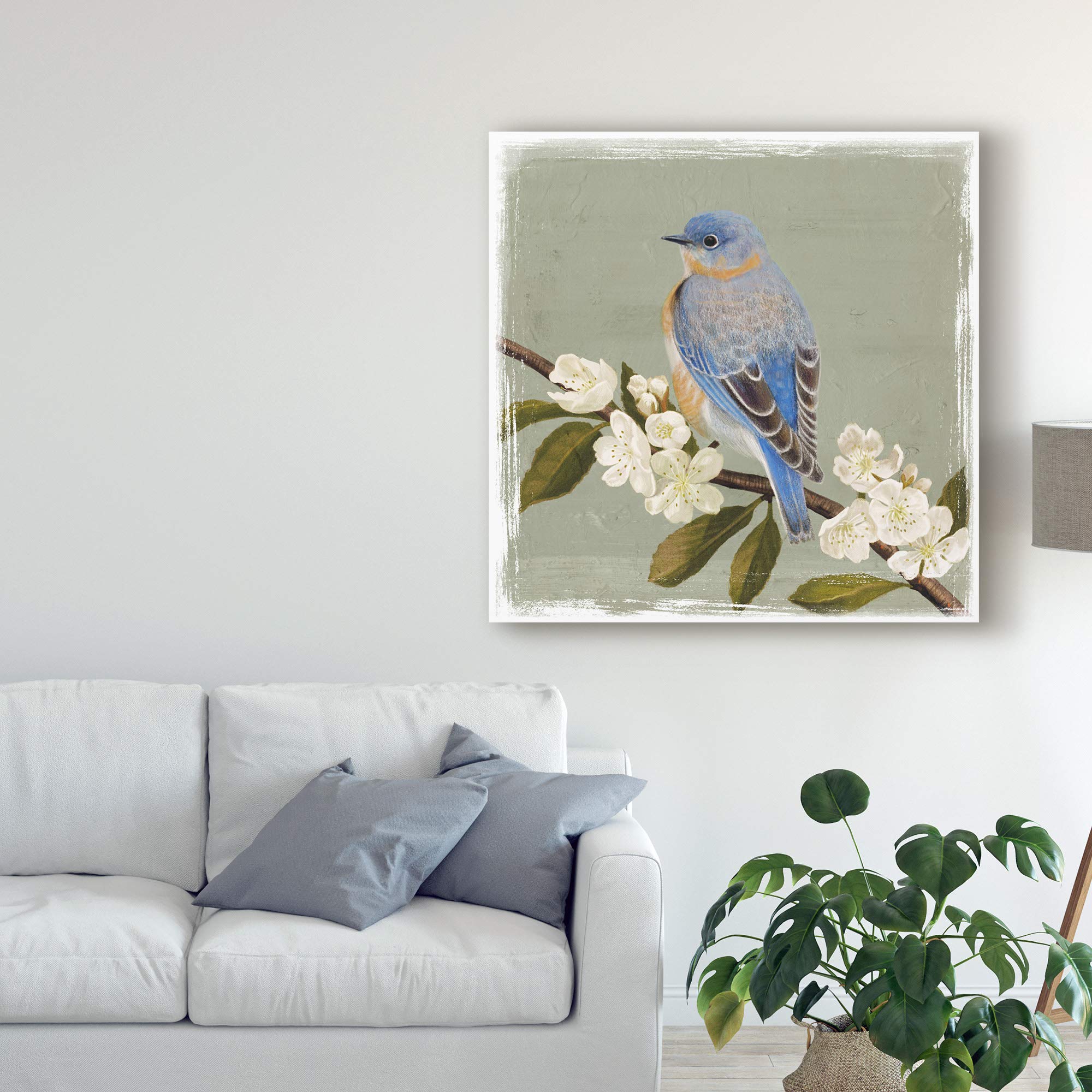 Victoria Borges Bluebird Branch II Fine Art Print - 18x18 Inch Wall Decor for Living Room, Bedroom & Office