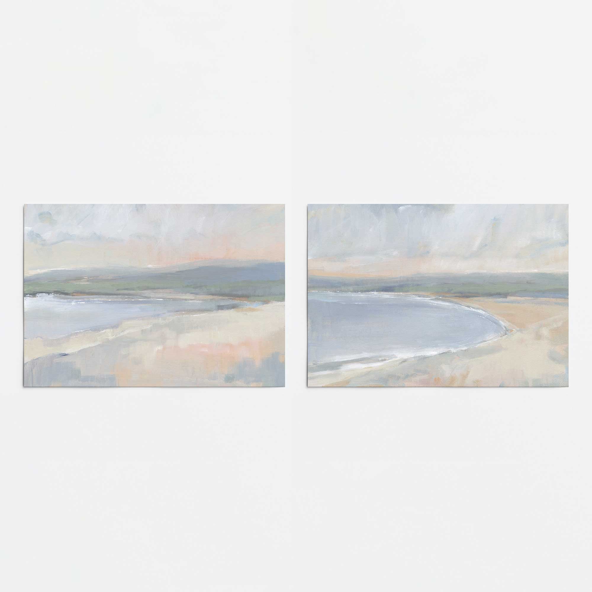 Hazy Beach at Dawn - Set of 2 Coastal Wall Art Prints for Living Room & Bedroom Decor