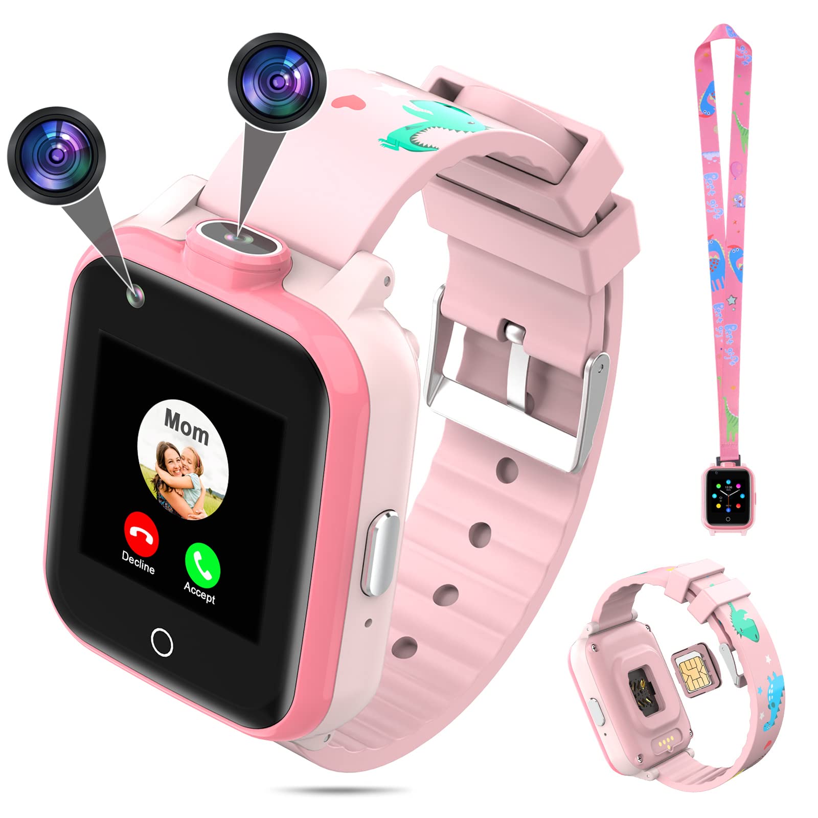 4G GPS Kids Smart Watch with Dual Camera, SOS Calling, Water Resistant - Mini Cell Phone for Boys & Girls Ages 3-12 | Birthday & Christmas Gifts (Pink) - Perfect for School Safety, Outdoor Adventures & Parent-Child Communication
