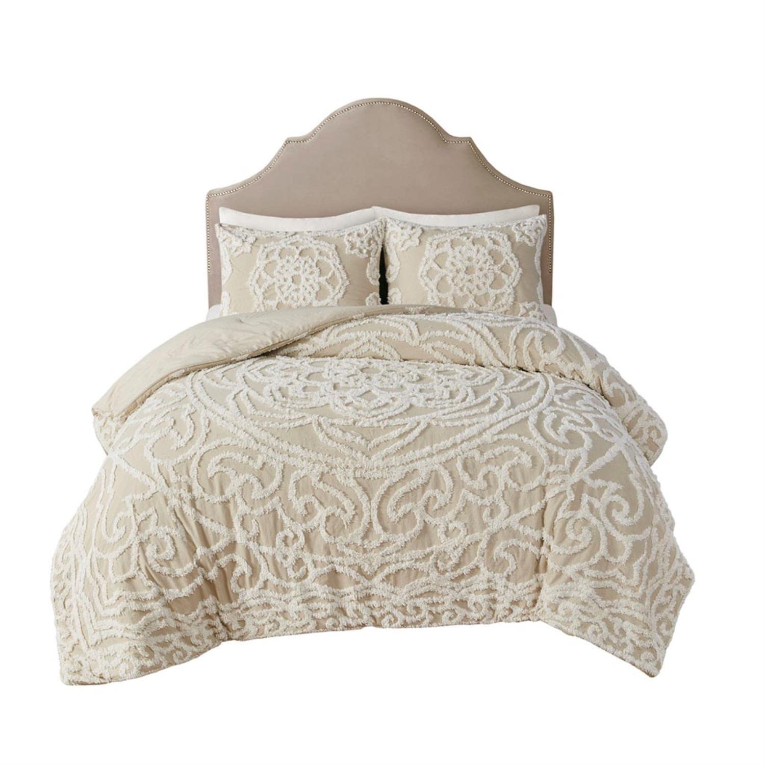 Madison Park Laetitia Bohemian Tufted Cotton Chenille Comforter Set - Shabby Chic Medallion Design, All-Season Down Alternative Bedding with Matching Shams, Floral Taupe King/Cal King (104