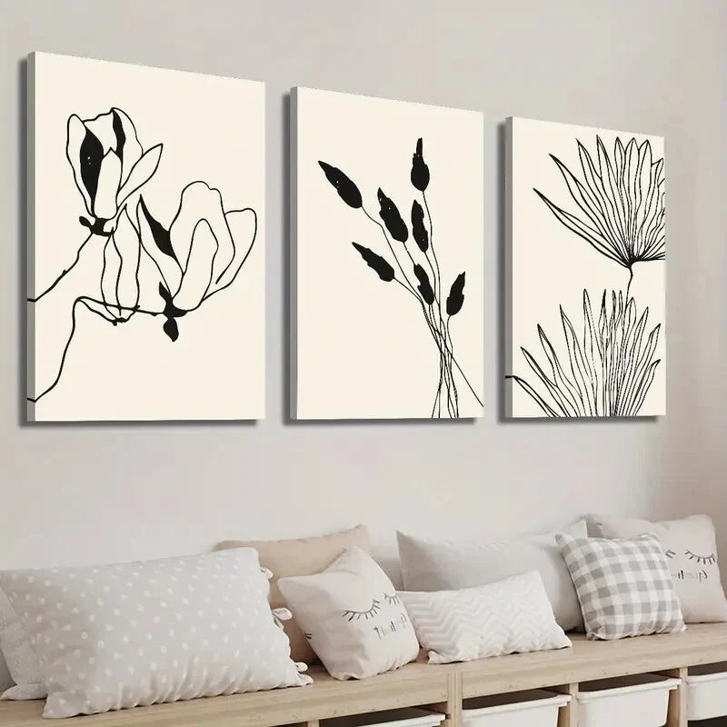 3-Piece Abstract Beige and Black Botanical Floral Wall Art Set - Framed Canvas Prints 40x60cm (16x24in) - High Quality Australian Made Wall Decor - Perfect for Living Room, Bedroom & Office Decor