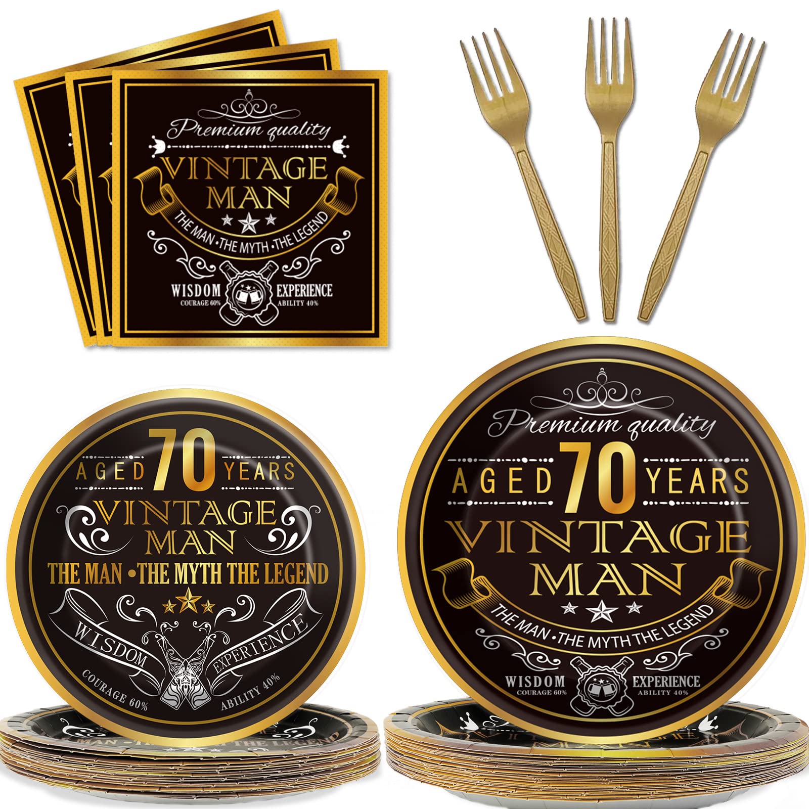 Wiooffen 96-Piece Vintage 70th Birthday Party Tableware Set - 1950s Theme Decorations with Paper Plates, Napkins & Forks for 24 Guests - Perfect for 70th Anniversary Celebrations, Retirement Parties & Milestone Birthday Decor