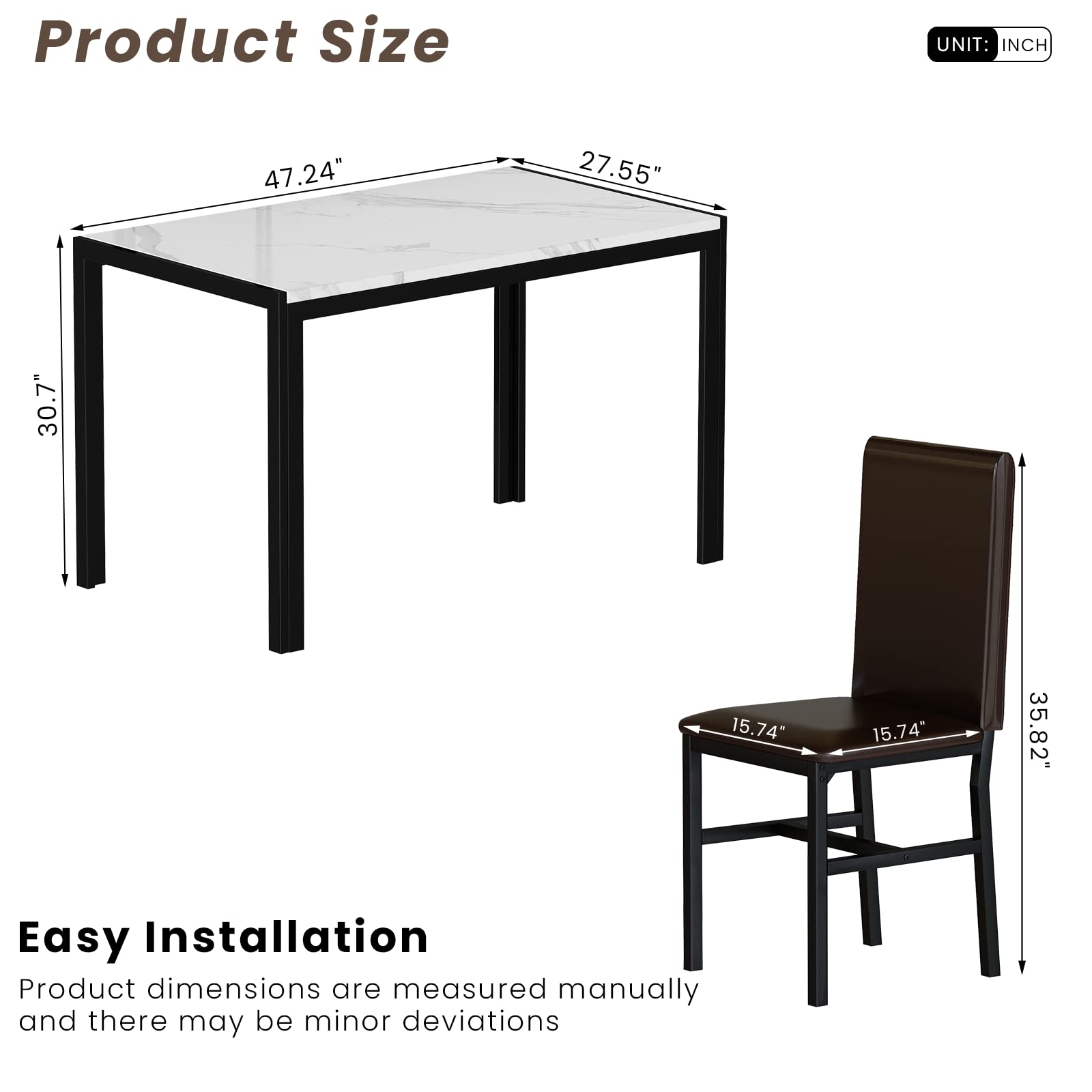 5-Piece Dining Table Set for 4 with Faux Marble Top & 4 Upholstered PU Leather Chairs - Perfect for Small Kitchens, Breakfast Nooks, and Cozy Dining Rooms