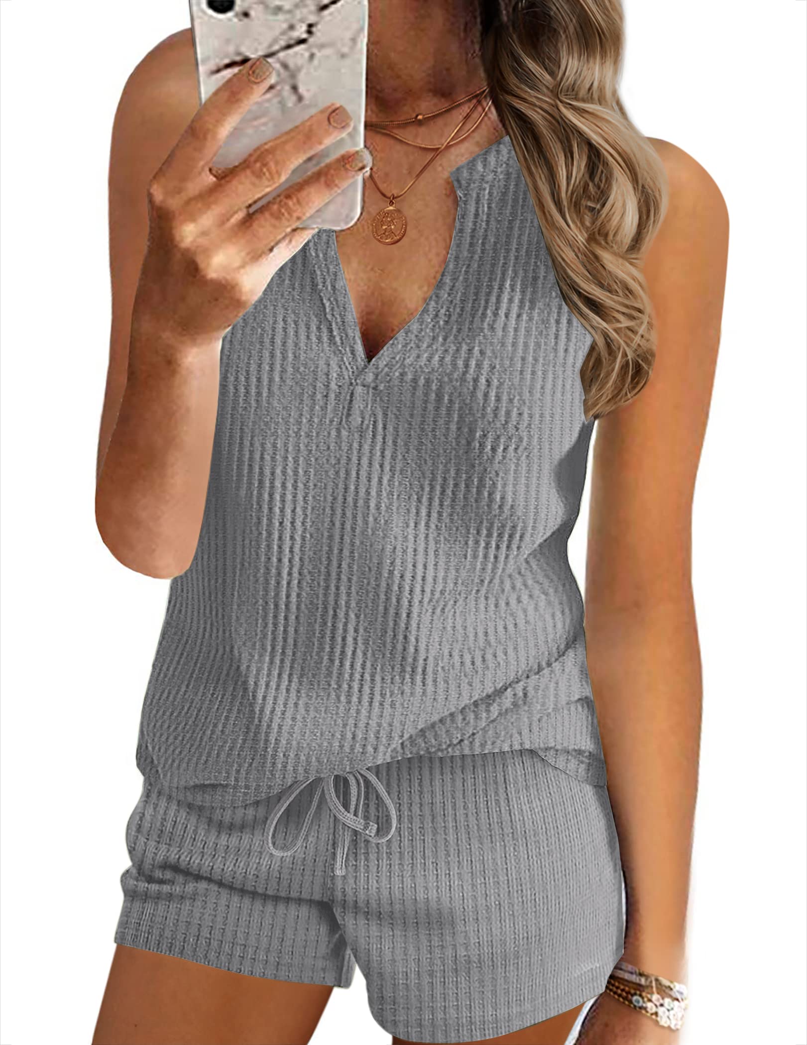 Ekouaer Women's Waffle Knit Pajama Set - V-Neck Tank Top & Shorts Lounge Set | Soft Sleepwear & Casual Outfit for Home, Travel & Relaxation