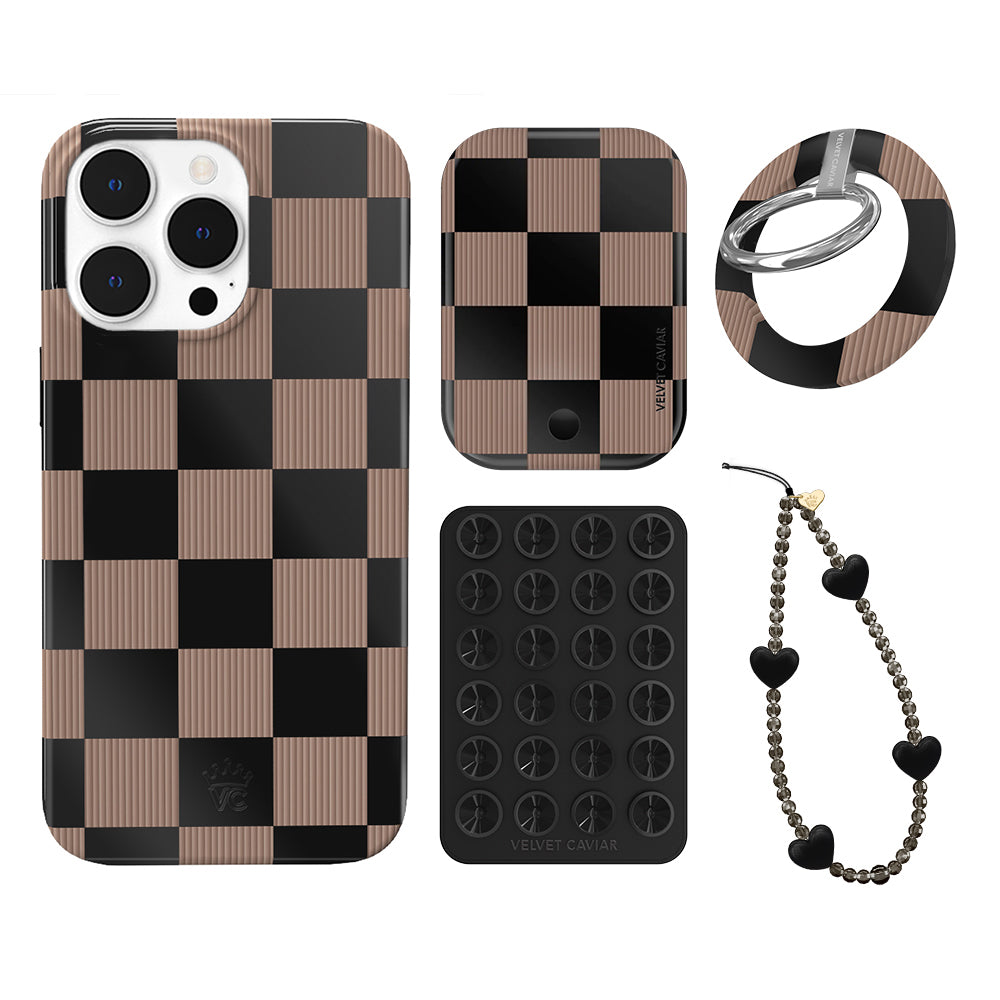 Mocha Vibe Checkered iPhone Case with Grip - Trendy Protective Phone Cover for iPhone 13/14/15 Pro Max | Perfect for Everyday Use, Travel & Work