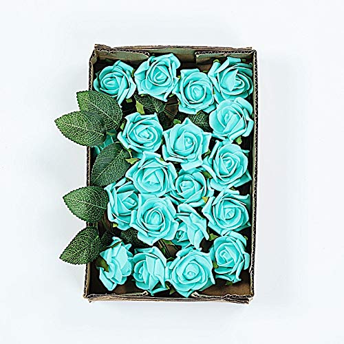 24 Pack 2-Inch Mini Foam Roses Artificial Flowers - Turquoise Fake Rose Stems for Wedding Centerpieces, Birthday Party Decor, DIY Crafts, Home & Event Decoration Supplies (BalsaCircle Brand)