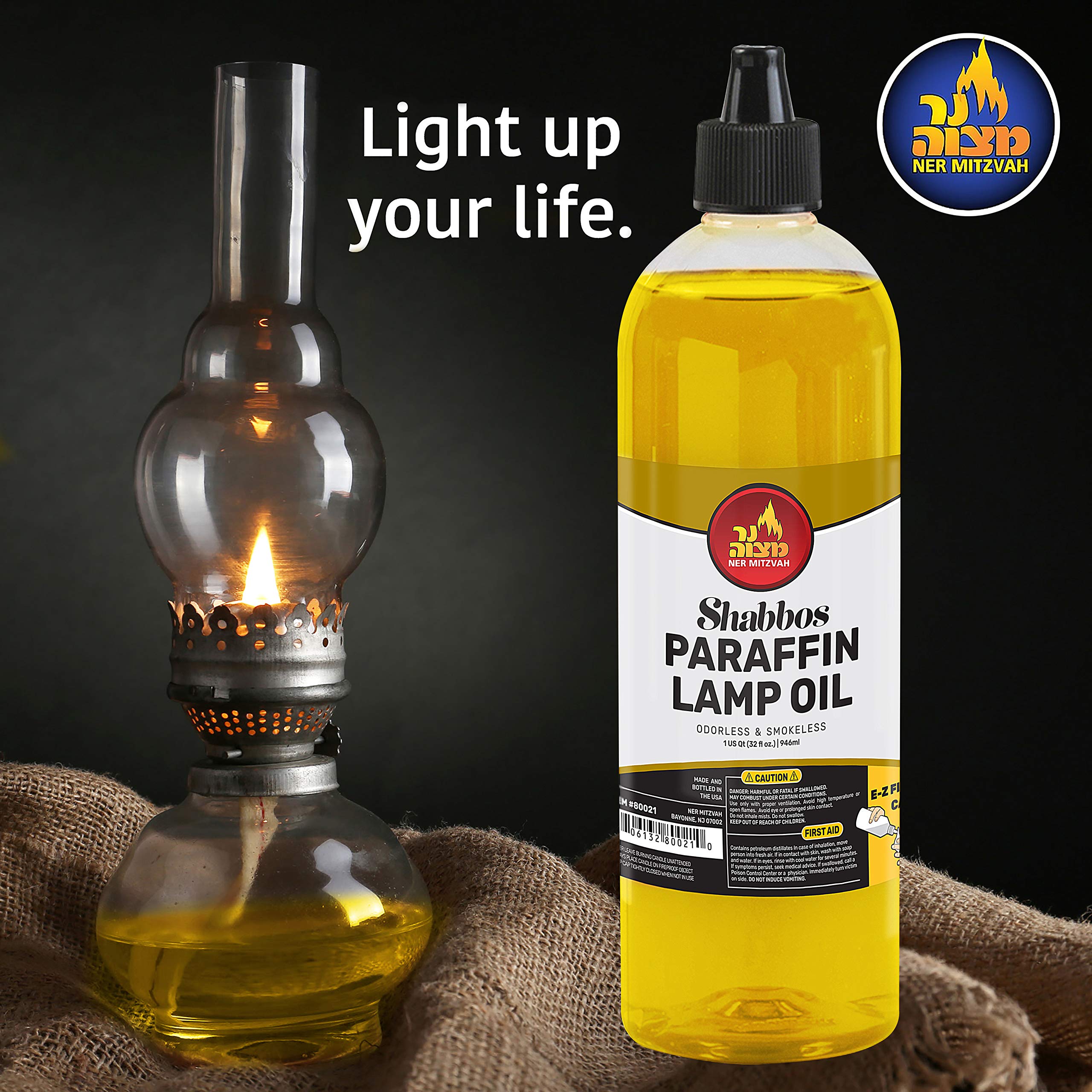 Premium Ner Mitzvah Paraffin Lamp Oil - 32oz Smokeless, Odorless Clean Burning Fuel for Indoor & Outdoor Use with Easy-Fill Cap & Spout - Perfect for Shabbat Candles, Emergency Lighting, Camping & Home Decor