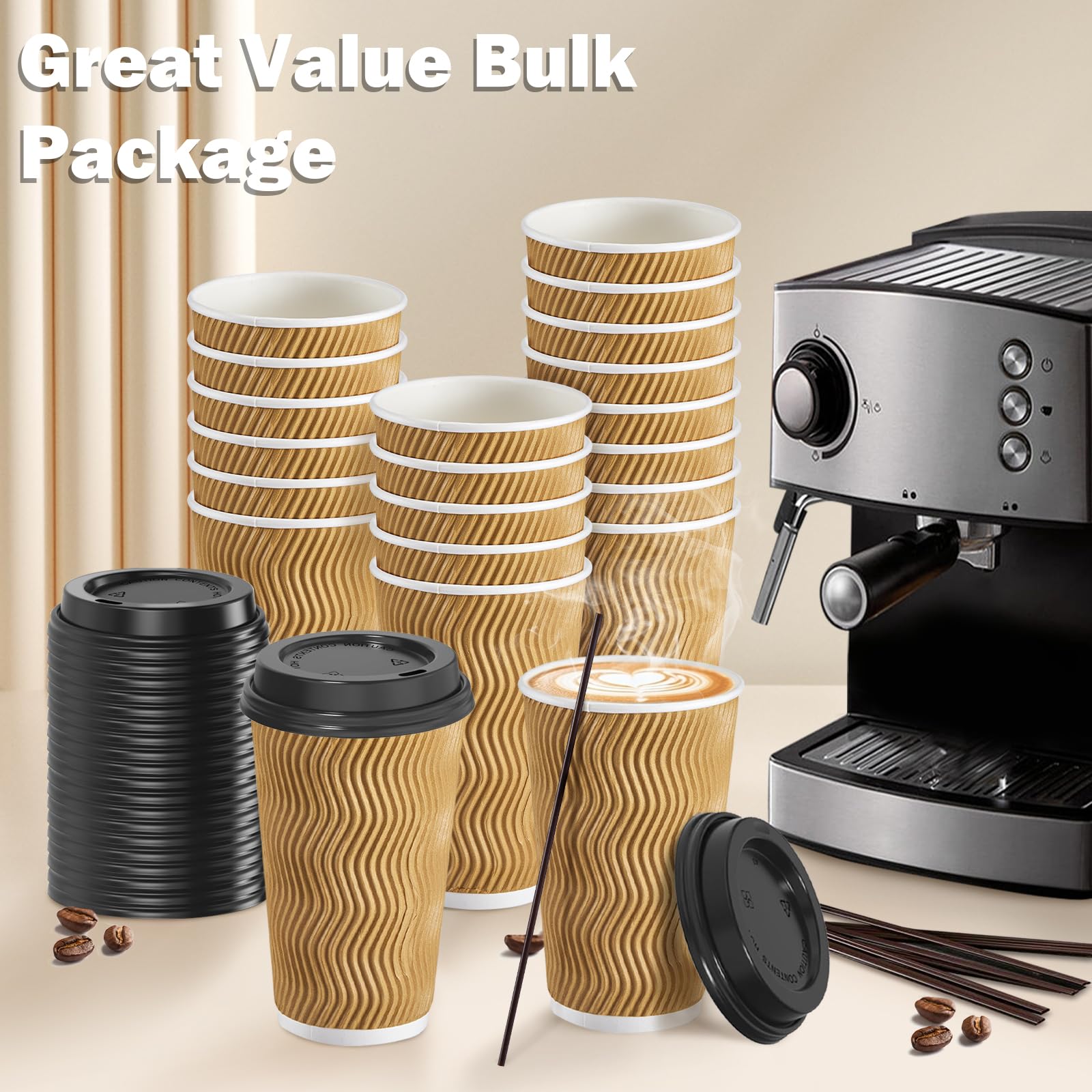 80 Pack 16oz Disposable Coffee Cups with Lids & Straws - Insulated Paper Hot/Cold Drink Cups, Corrugated Ripple Wall Design for Coffee, Tea, Hot Chocolate, Juice, Smoothies - Perfect for Cafes, Offices, Parties, and Takeout
