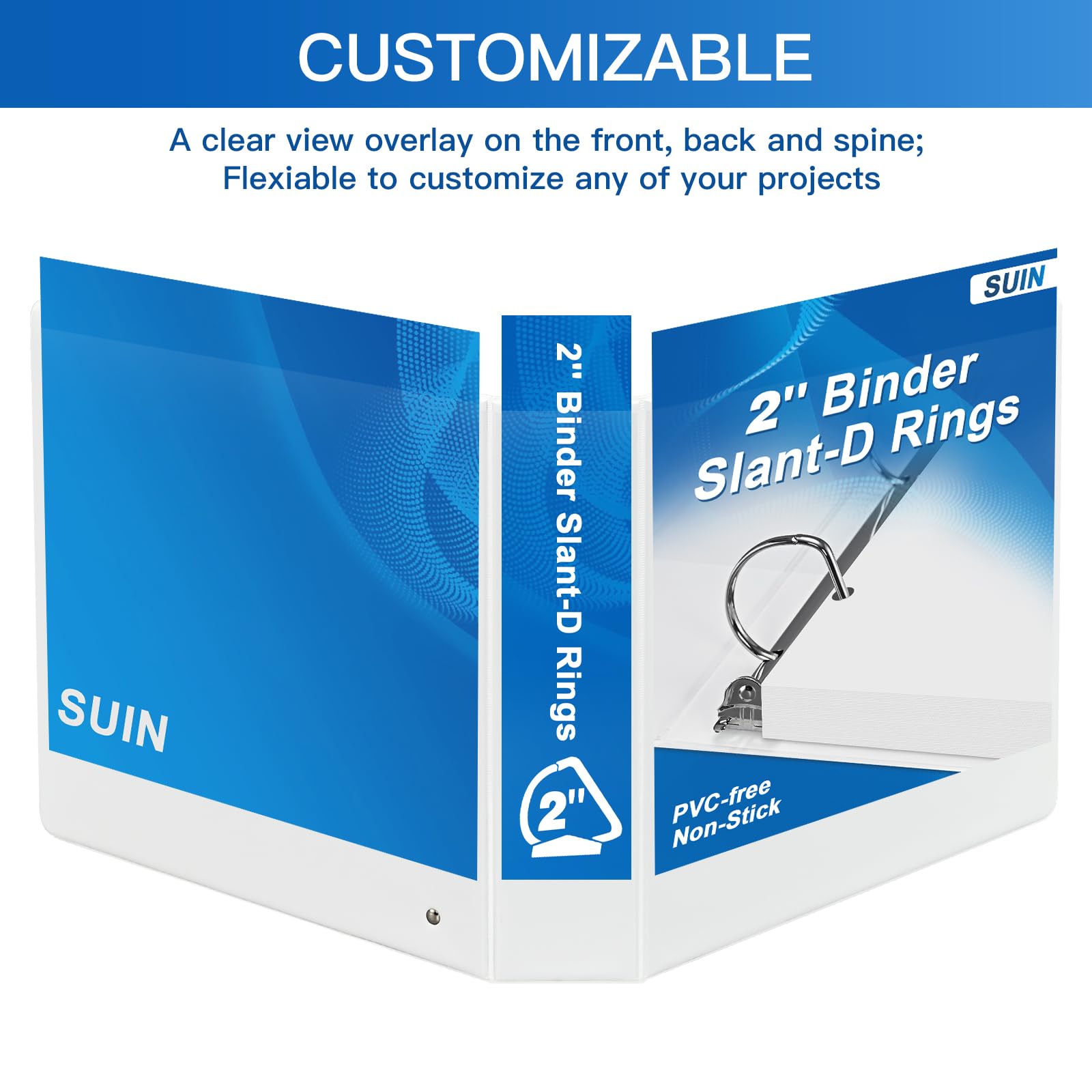 2 Inch 3 Ring Binders, 6-Pack Slant D Ring Binders with Non-Stick Cover - PVC-Free, Holds 475 Sheets of US Letter Paper - Perfect for Office, School, and Home Organization (White)