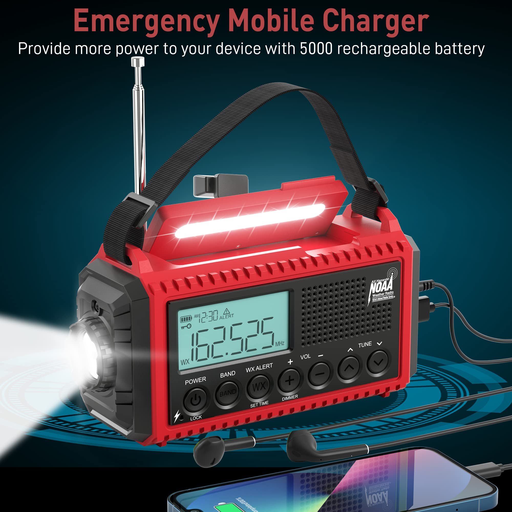 Solar Emergency Radio with Hand Crank & 5000mAh Power - 5-Way Powered AM/FM/NOAA Weather Radio with Auto Alert, USB Phone Charger, Flashlight & Reading Lamp - Perfect for Outdoor Camping, Hiking, Survival Kits & Home Emergency Preparedness