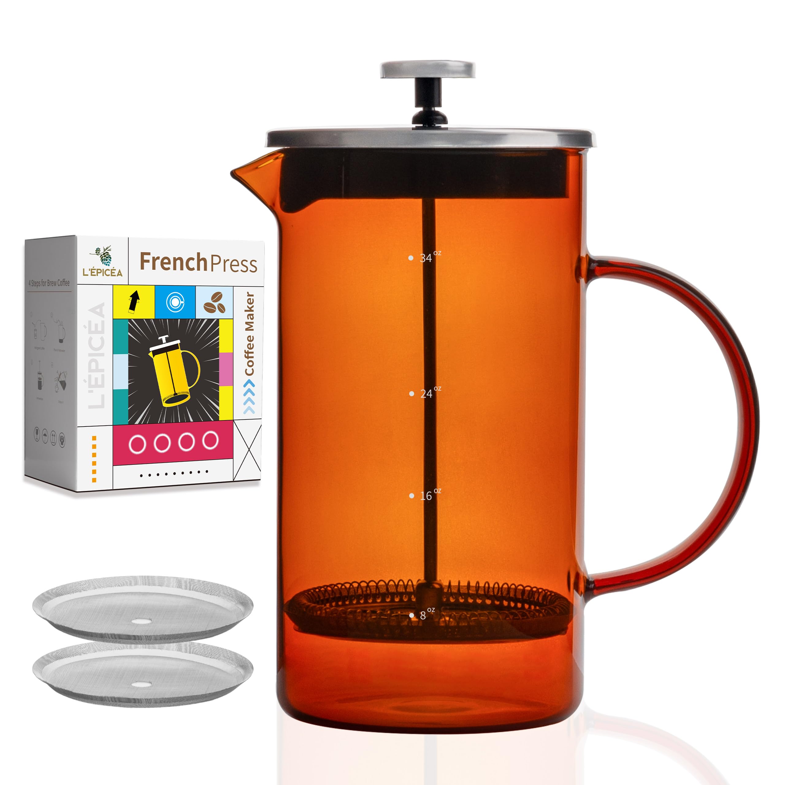 Premium 34 oz French Press Coffee Maker - Borosilicate Glass & Stainless Steel with 3-Layer Filter System | Ideal for Home, Office & Camping Coffee Brewing