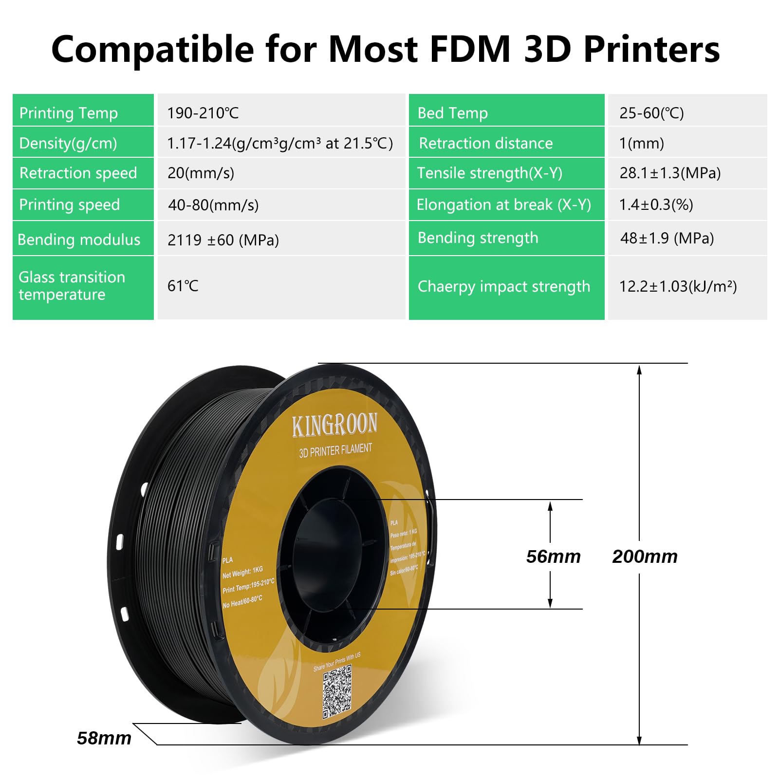 Kingroon Premium Black PLA Filament 1.75mm for 3D Printers - 1KG Spool with +/- 0.03mm Accuracy - High-Quality 3D Printing Material for DIY Projects, Prototyping & Creative Models