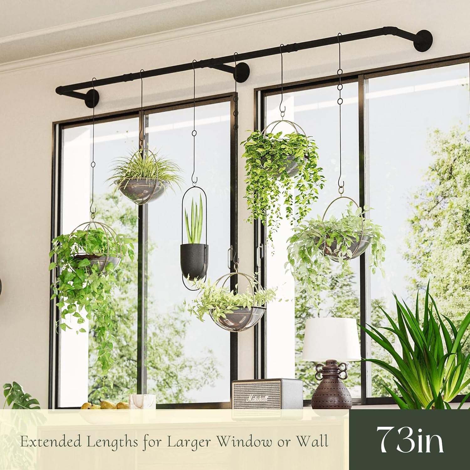 6-Chain Black Metal Indoor Plant Hanger - Window Hanging Planter Holder with Adjustable Rod for Pothos, Spider Plants & Ferns (Pots Not Included) - Perfect for Living Room, Bedroom & Balcony Decor