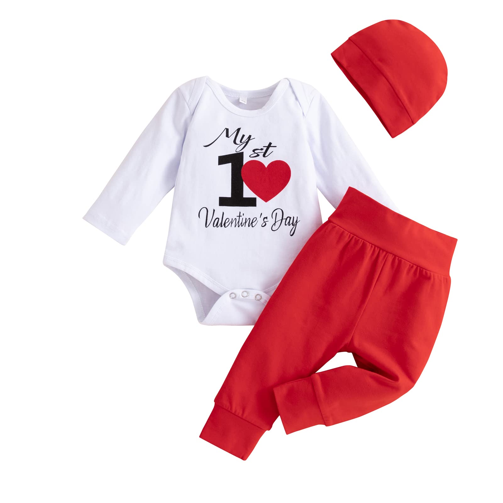 Baby's 1st Valentine Outfit - Long Sleeve Romper Pants Set with Hat (3pc) | Newborn Infant Boy Girl Valentine's Day Clothes | Perfect for Photo Shoots, Family Gatherings & Special Occasions