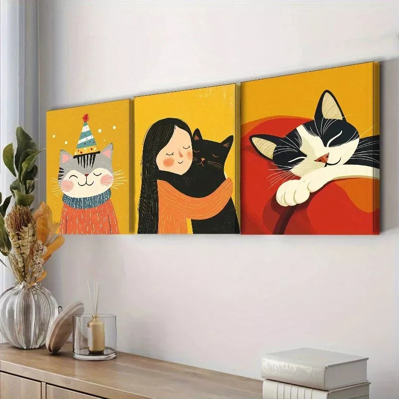 3-Piece Cat Wall Art Set - Yellow Background Framed Canvas Prints 40x60cm | High Quality Australian Made | Perfect for Living Room, Bedroom Decor & Gift Giving