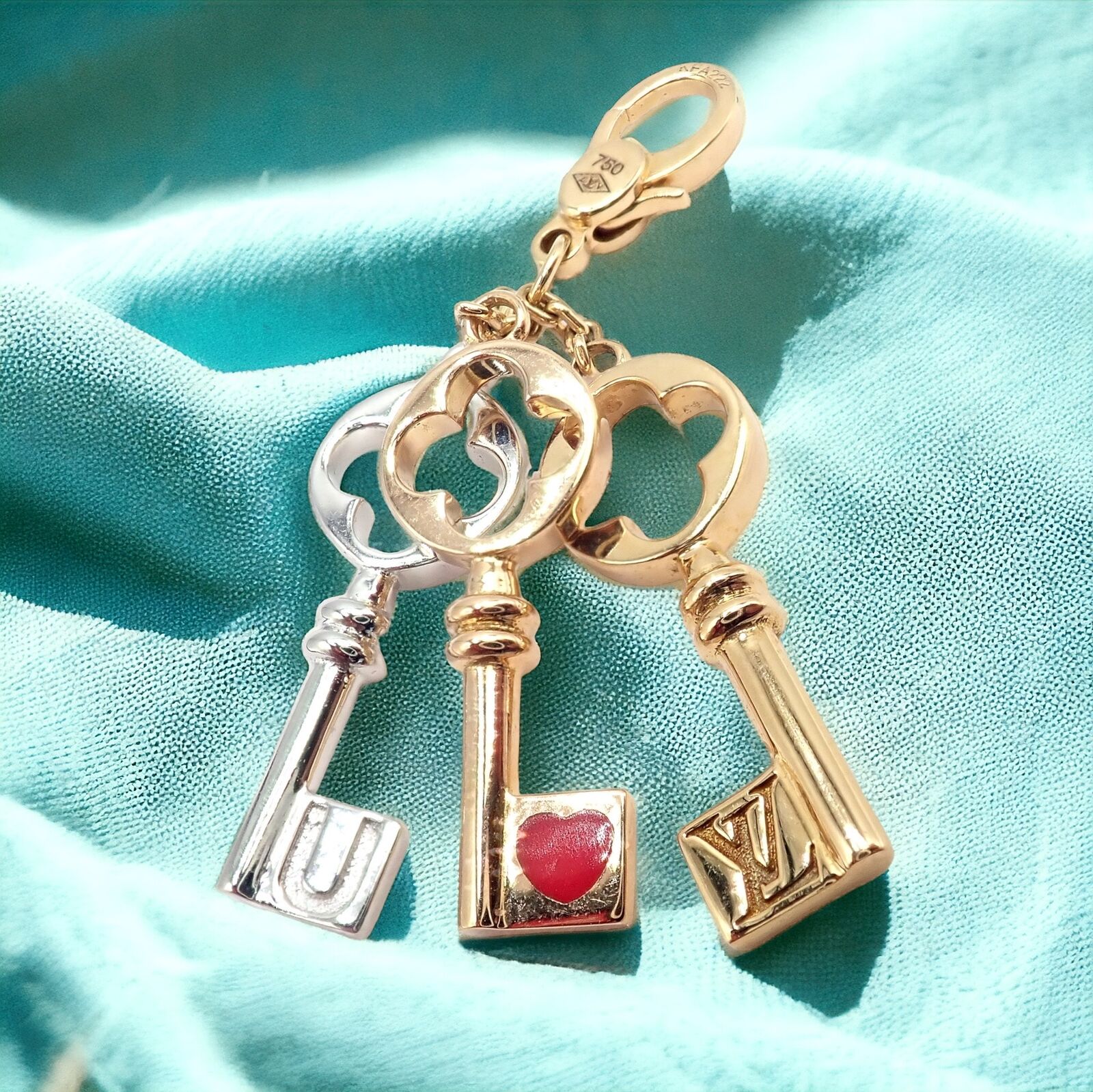 Authentic Louis Vuitton LV 18k Tri-Color Gold Enamel Heart Key Charm Pendant - Luxury Jewelry for Women, Gift for Her, Valentine's Day & Anniversary Present