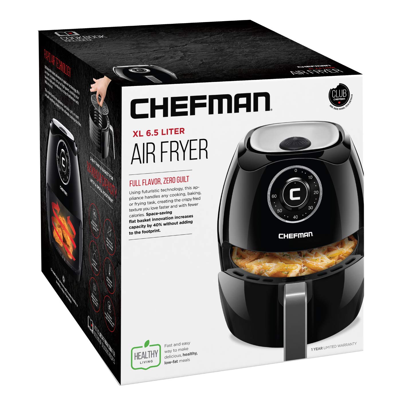 Chefman 6.5 Quart XL Air Fryer Oven - Oil Free Healthy Cooking, 60-Min Timer & Auto Shut Off, Dishwasher Safe BPA-Free, Space Saving Flat Basket - Perfect for Family Meals, Chicken Wings & French Fries