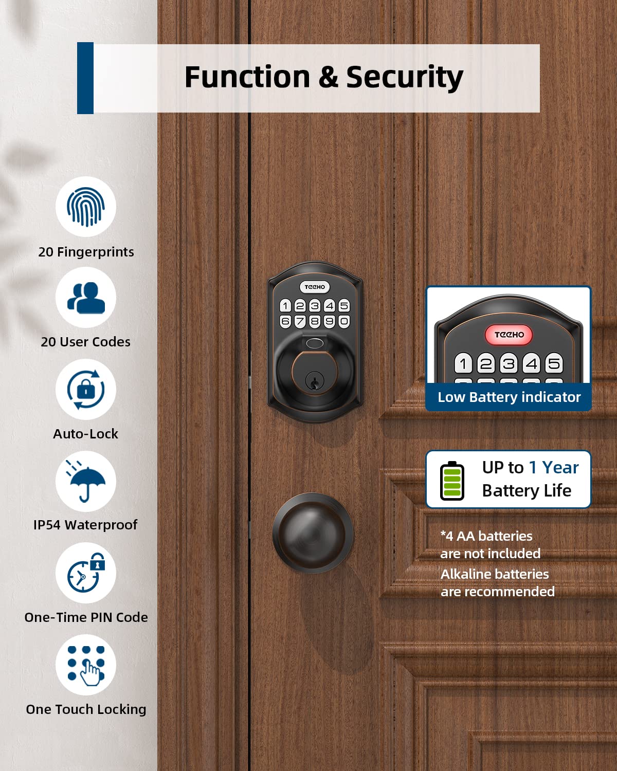 TEEHO TE002K Keyless Entry Fingerprint Smart Deadbolt Door Lock with Handle & Keypad - Oil-Rubbed Bronze Finish - Secure Your Home Office or Vacation Rental