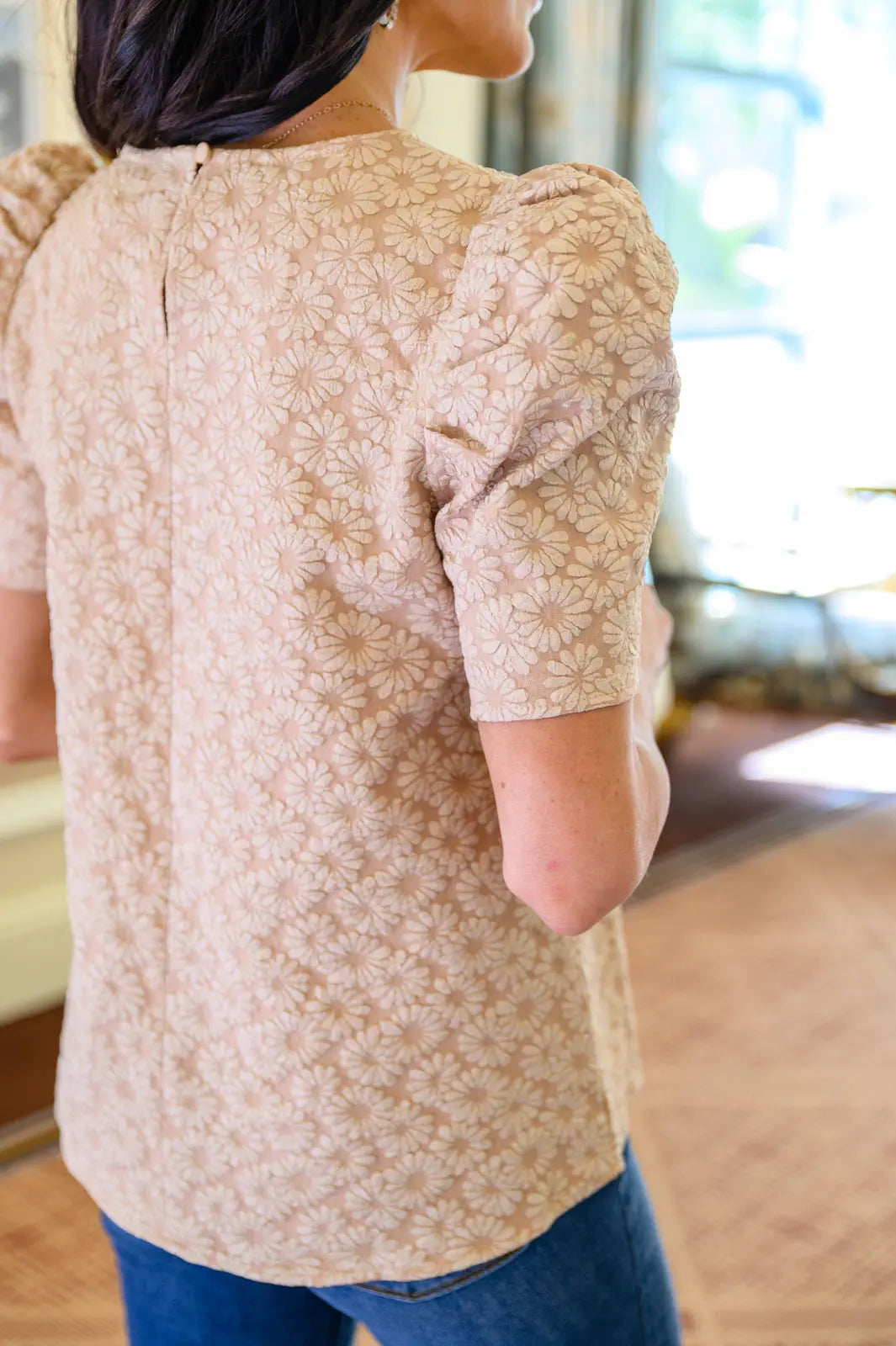 Kelsi Jacquard Puff Sleeve Blouse in Tan | Elegant Women's Fashion Top for Work, Date Night & Special Occasions