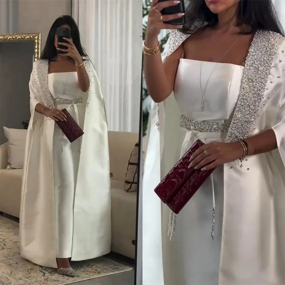 Luxury Dubai White Mermaid Satin Arabic Evening Dress with Long Cape - Elegant Formal Gown for Weddings, Galas & Special Occasions - LA72825