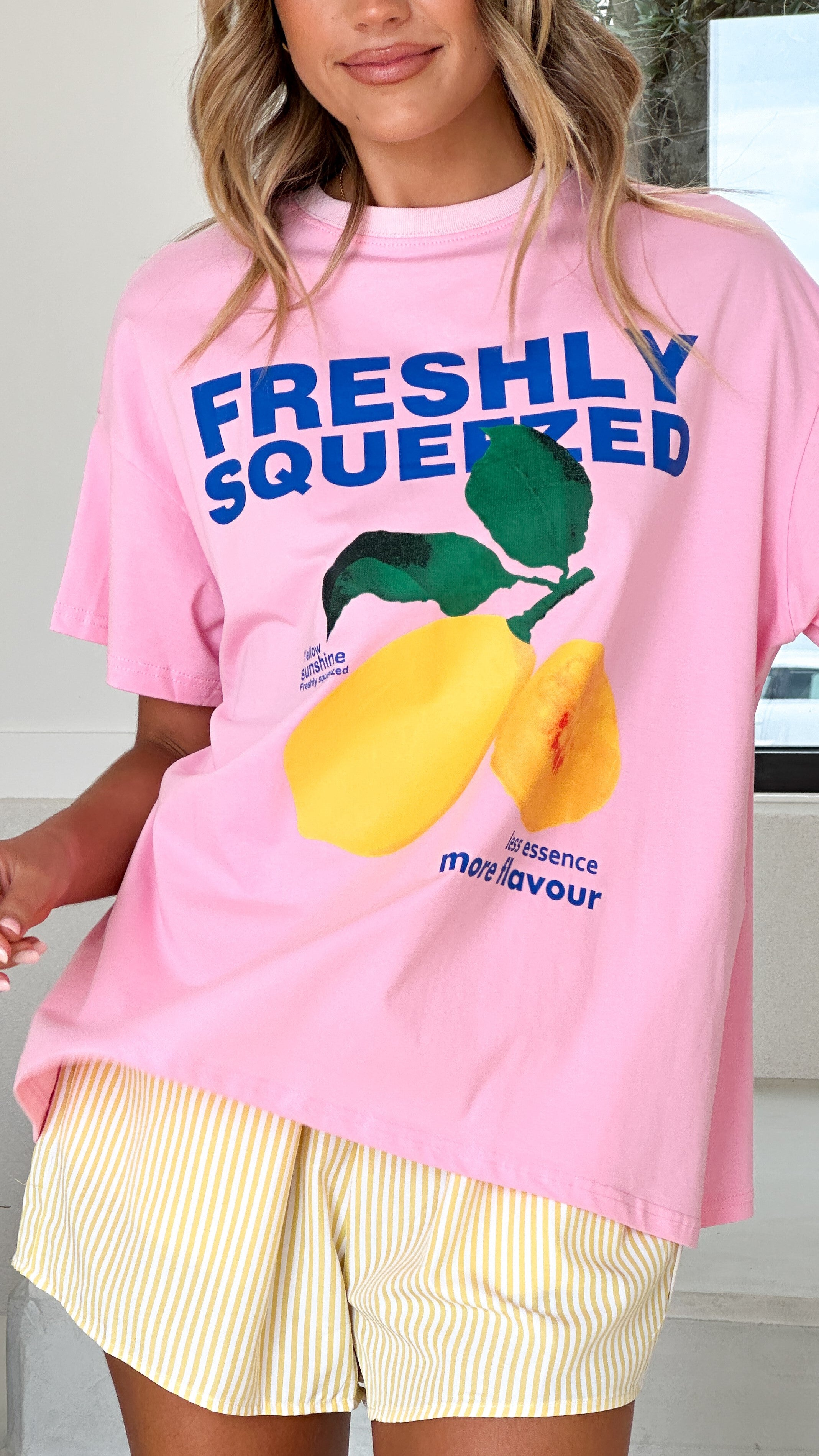 Freshly Squeezed Women's Summer Outfit - Pink & Yellow Matching Top and Shorts Set | Casual Wear, Beach Vacation, Yoga, Running, Outdoor Activities