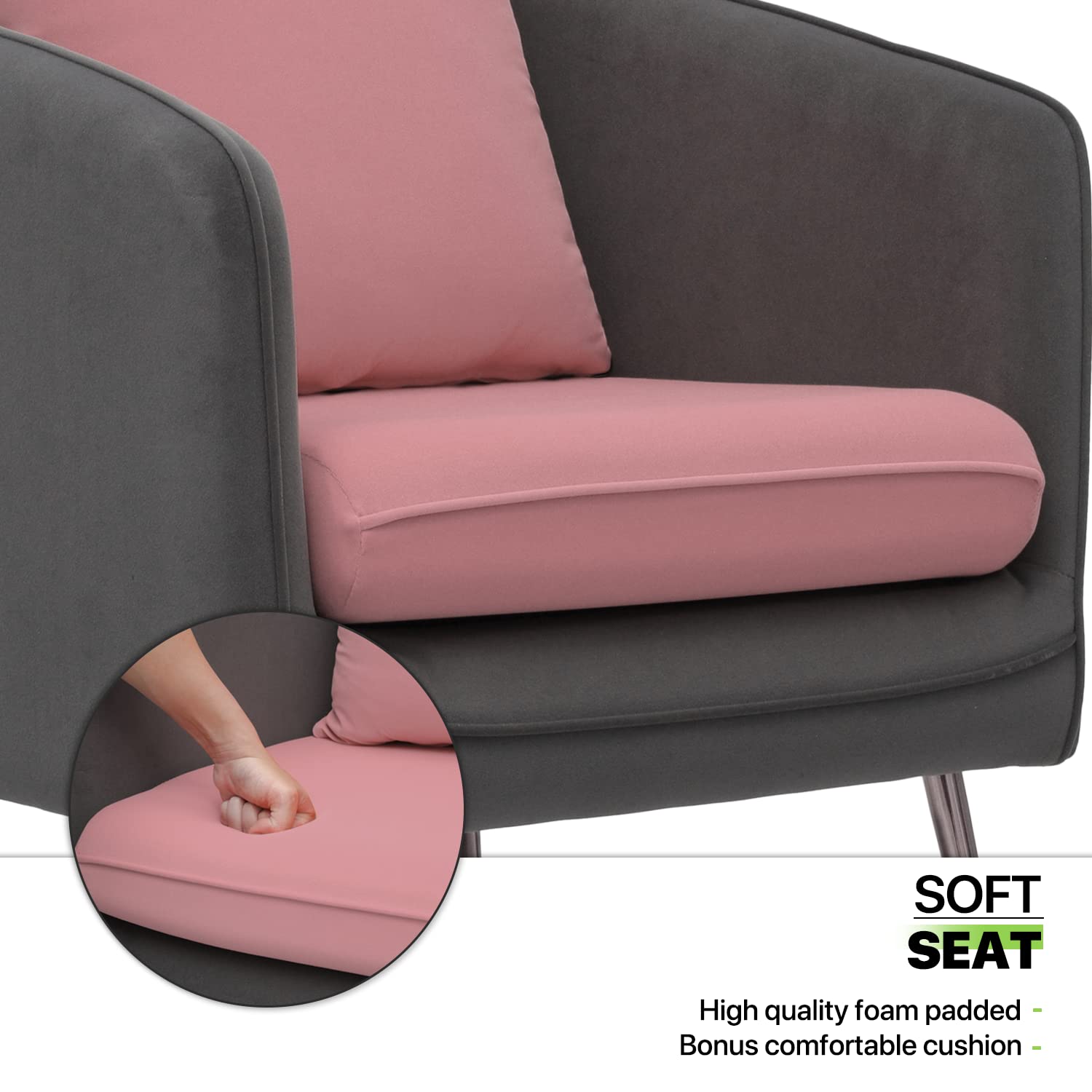 Magshion Modern Accent Chair with Backrest Pillow - Barrel Armchair for Small Spaces, 550 lbs Capacity Upholstered Single Sofa in Pink & Gray - Perfect for Living Room, Bedroom, Office & Reading Nook