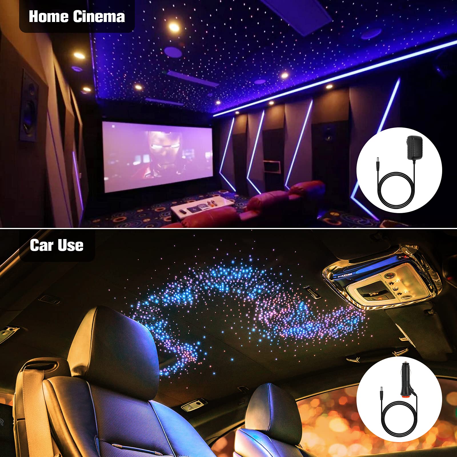 CHINLY 16W 450pcs 13.1ft RGBW Bluetooth LED Fiber Optic Star Ceiling Light Kit - 0.03in/0.04in/0.06in Fiber Sizes - APP & Remote Control with Music Sync - Includes Adapter & Cigarette Lighter - Perfect for Car Headliner, Home Theater, Bedroom Ceiling Decor