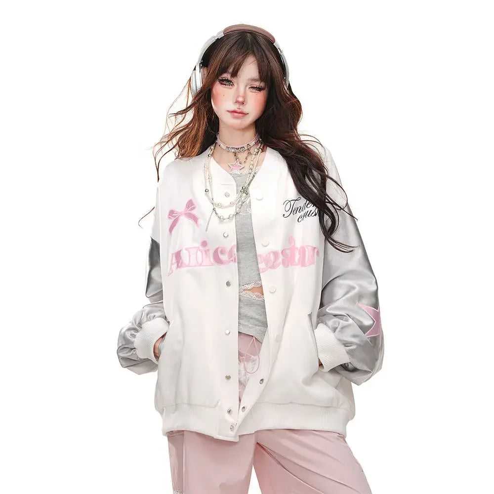 Black Oversized Harajuku Jacket for Women - Bow & Letter Embroidery Coat 2024 | Casual Streetwear Fashion Outerwear | Perfect for Daily Wear, Street Style & Urban Fashion
