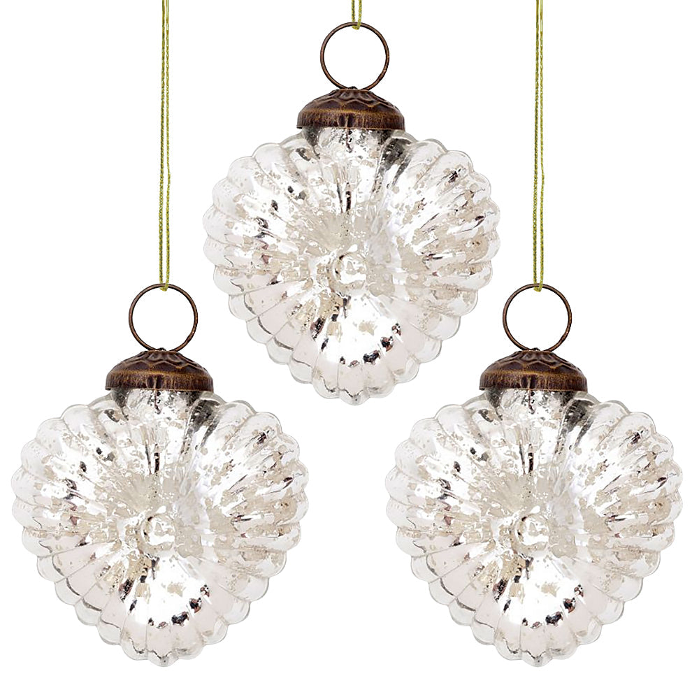 3 Pack Silver Viola Mercury Glass Heart Ornaments - Elegant Christmas Tree Decorations for Holiday, Wedding, Party & Home Decor