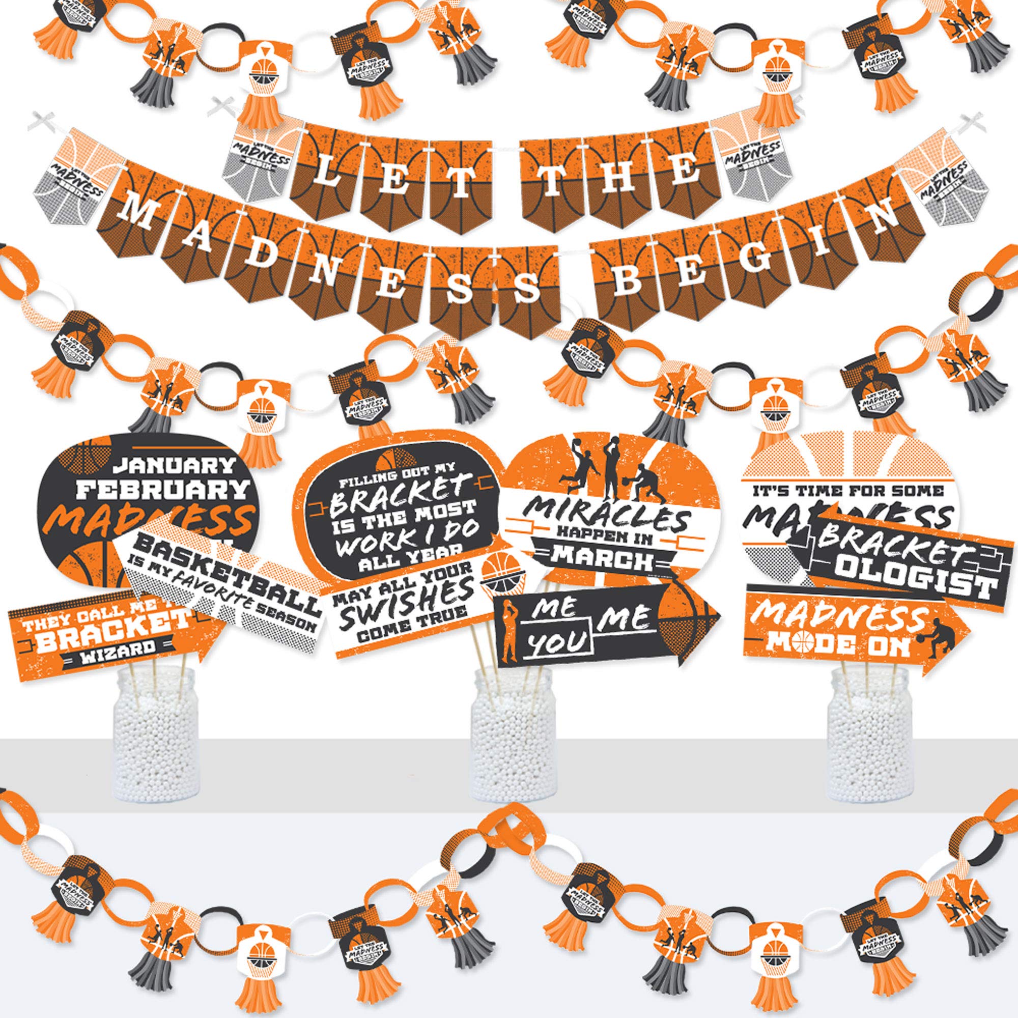Big Dot of Happiness Basketball Party Decorations Kit - College Basketball Banner, Photo Booth Props & Doterrific Bundle for March Madness, Game Day & Sports Themed Events