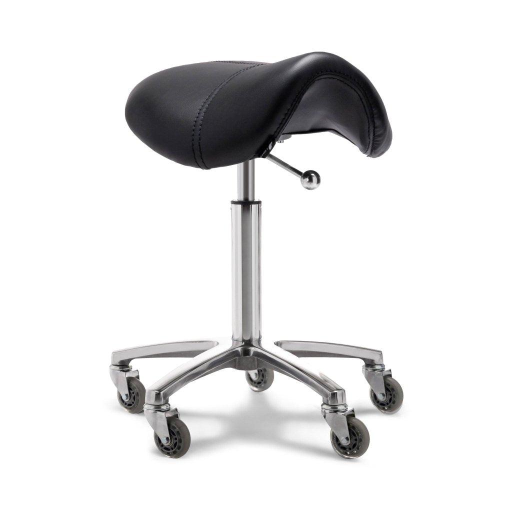 Lanvain Salon Saddle Rolling Stool Chair - Chrome Metal Base with Hair-Free Silicone Wheels - Professional Beauty Salon Stool for Hairdressers, Barbers & Tattoo Artists