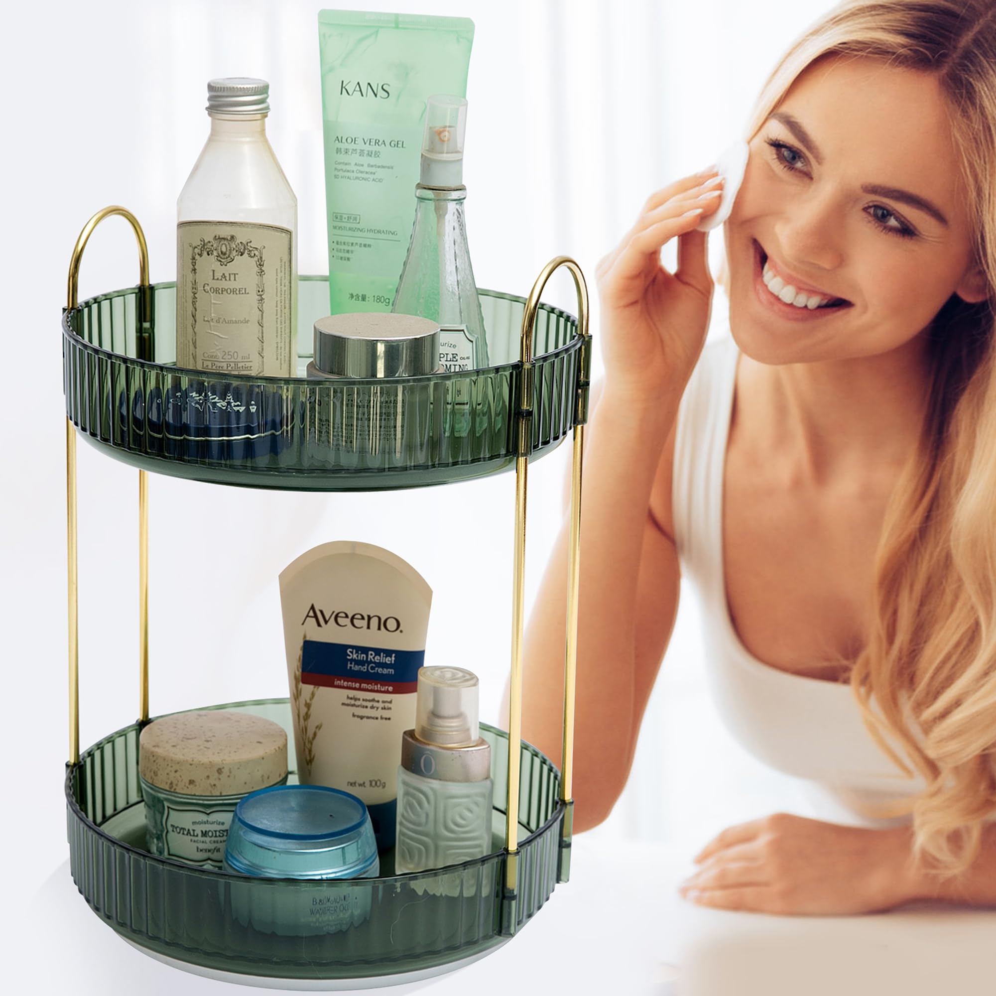 360° Rotating 2-Tier Makeup Organizer - High-Capacity Spinning Cosmetic Storage with Dresser for Vanity, Bathroom & Bedroom (Green)