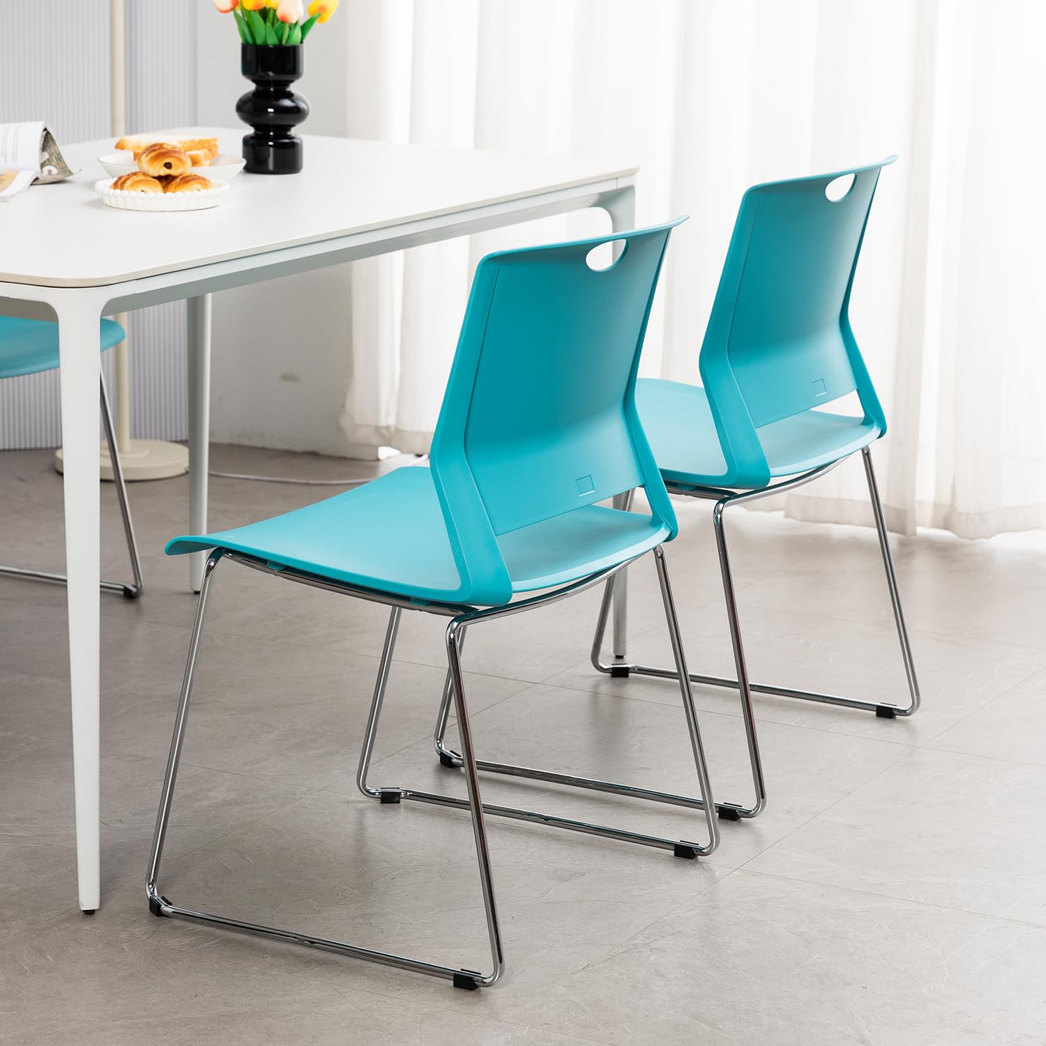 FULONG 4-Pack Blue Stackable Plastic Chairs - Armless Reception Chairs with Wide Seat for Classroom, Library, Dining Room - Perfect for Events, Parties & Home Use