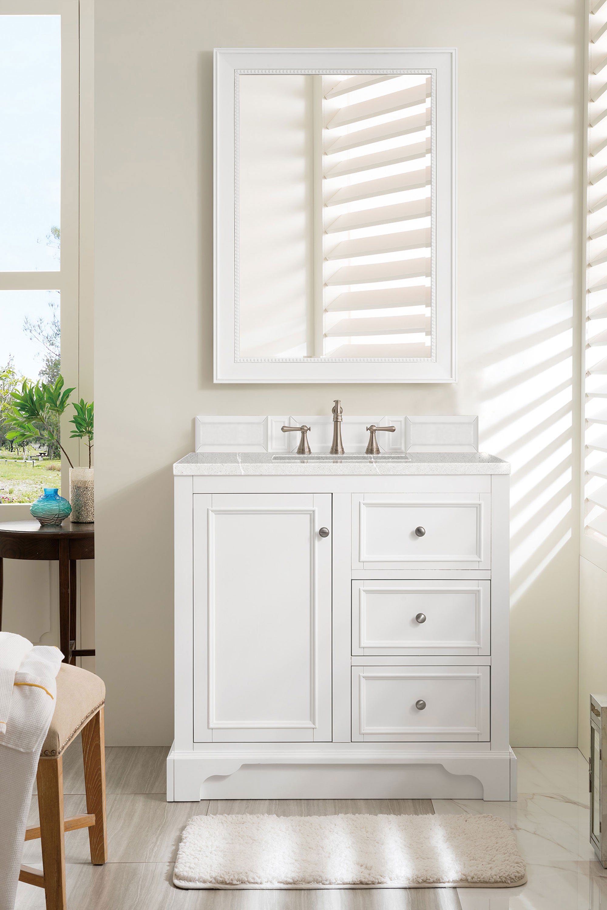 De Soto 36 Inch Single Bathroom Vanity Set with 3CM Eternal Serena Quartz Top in Bright White - Perfect for Modern Bathroom Renovations and Small Space Designs