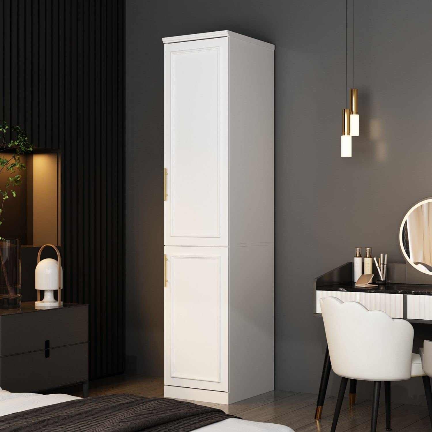 FAMAPY 2 Door Wardrobe Closet - Tall Narrow Armoire with Hanging Rod & Gold Metal Handles, White Bedroom Storage Cabinet (15.7”W x 19.3”D x 74.9”H) - Perfect for Small Spaces, Apartments, Dorm Rooms & Closet Organization